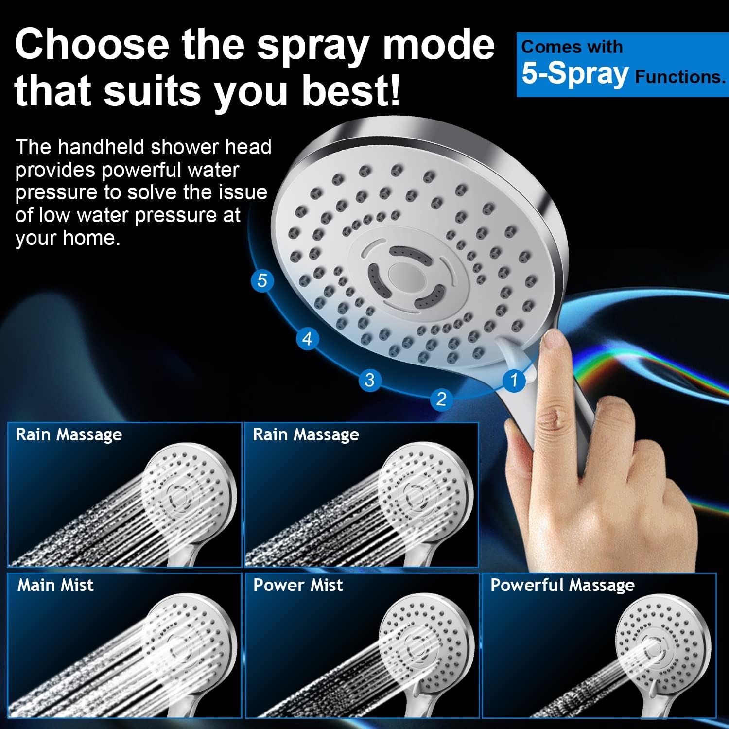 PinWin 12 Large Square Rain Showerhead with 5 Modes Handheld Combo