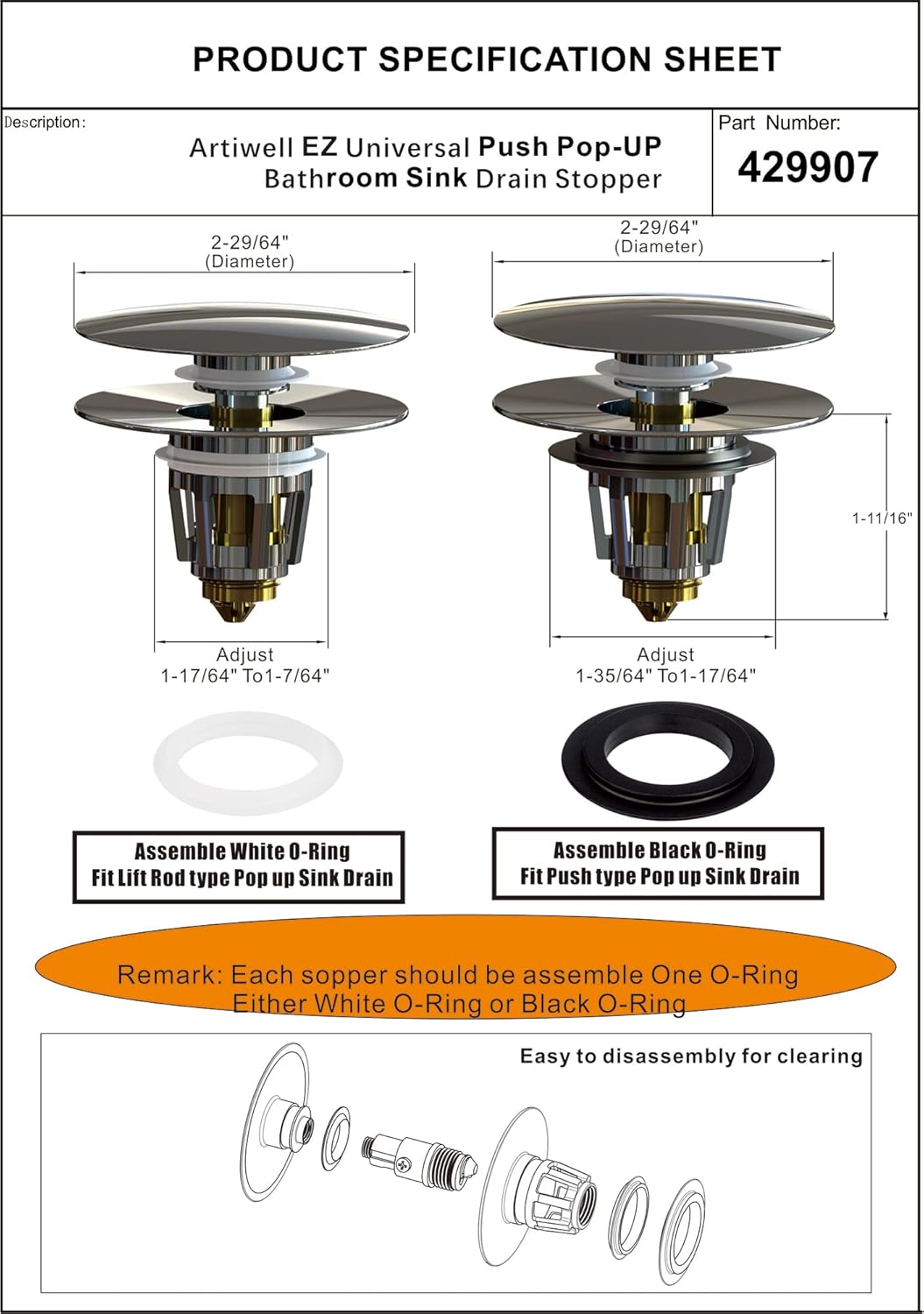 Artiwell Universal Sink Drain Stopper - Matt Black