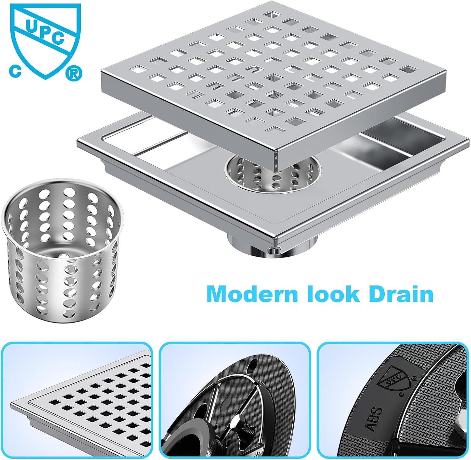 NIREU 6 Inch Square Shower Drain with Chrome Finish