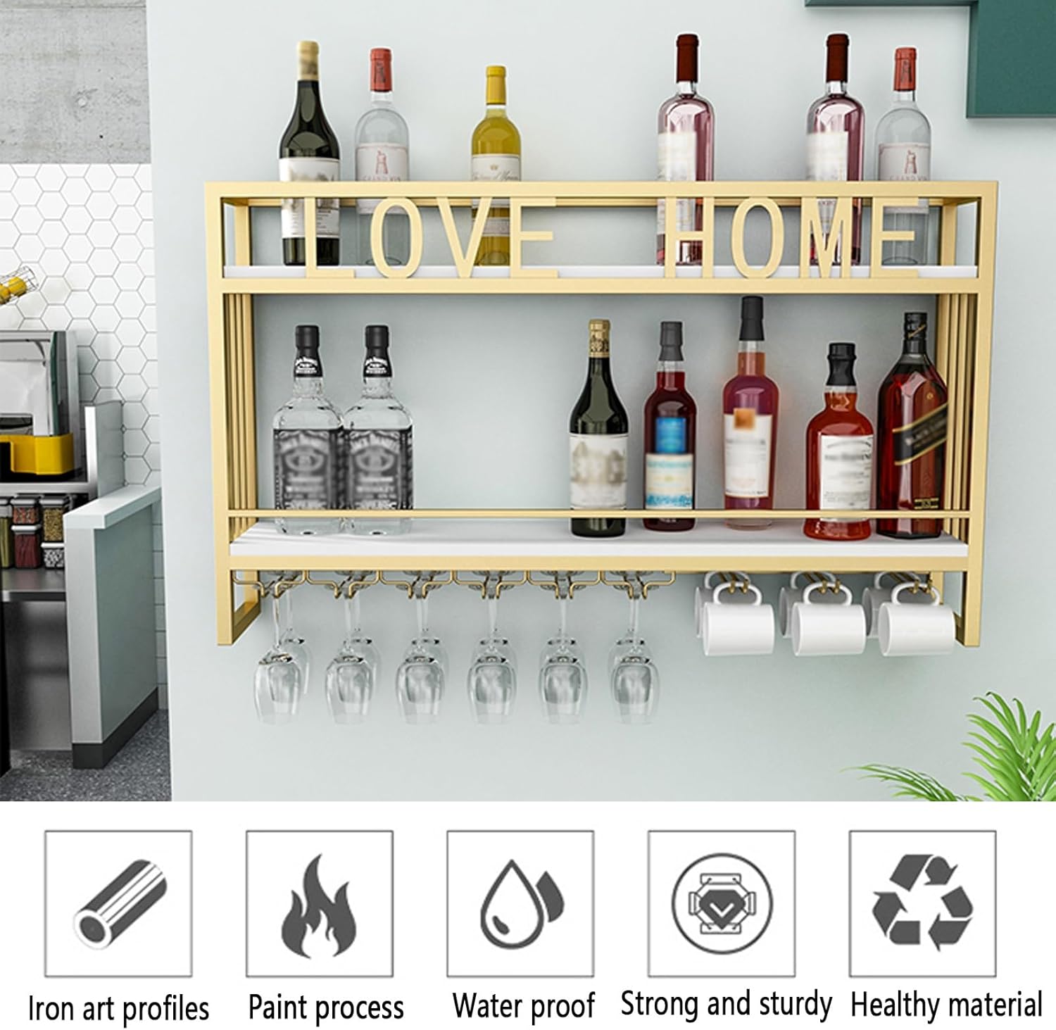 Wall Mounted Wine Rack Black 100cm Metal Holder with Glass Storage Shelves