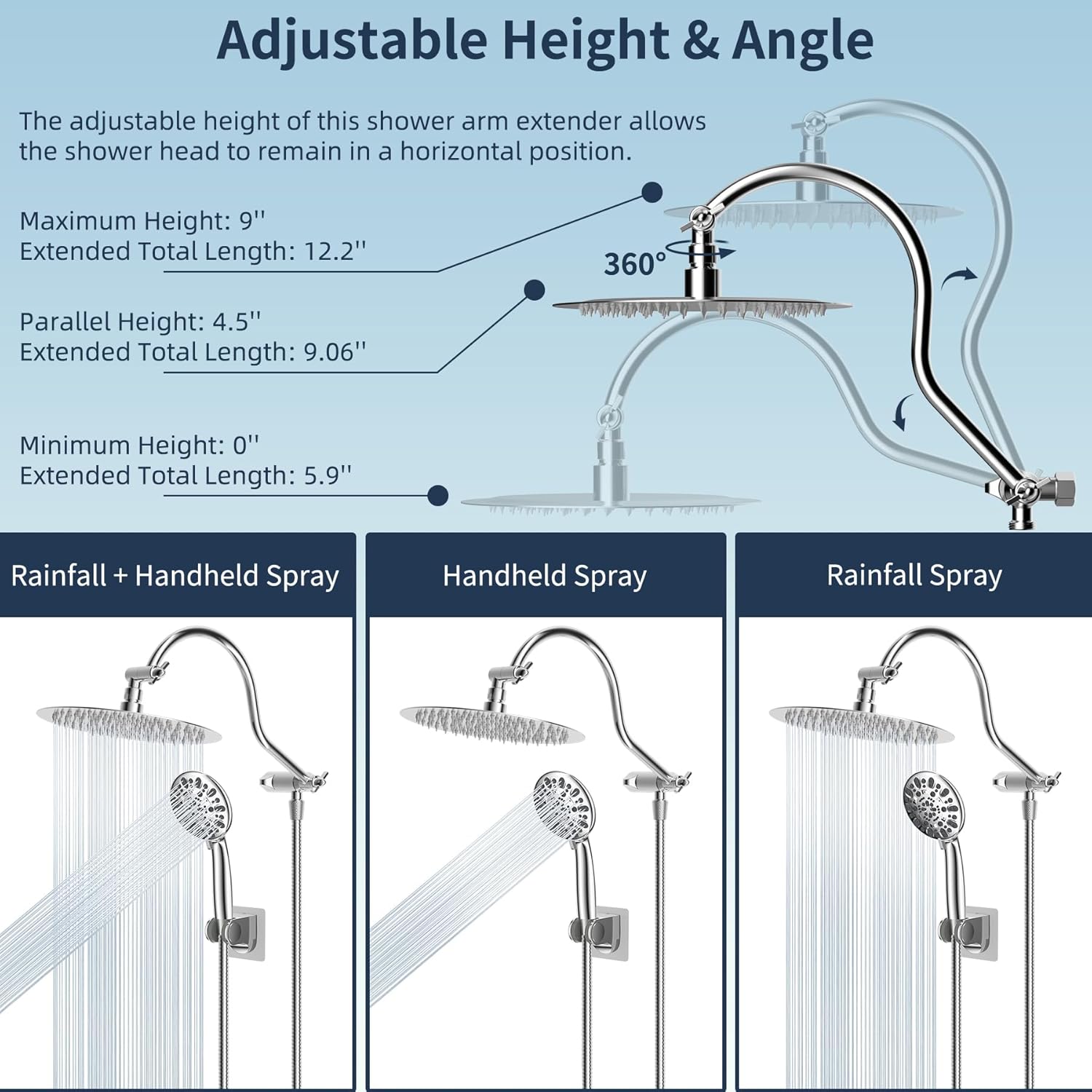 Hibbent All Metal Shower Head Combo with 7 Spray Settings and Adjustable Arm