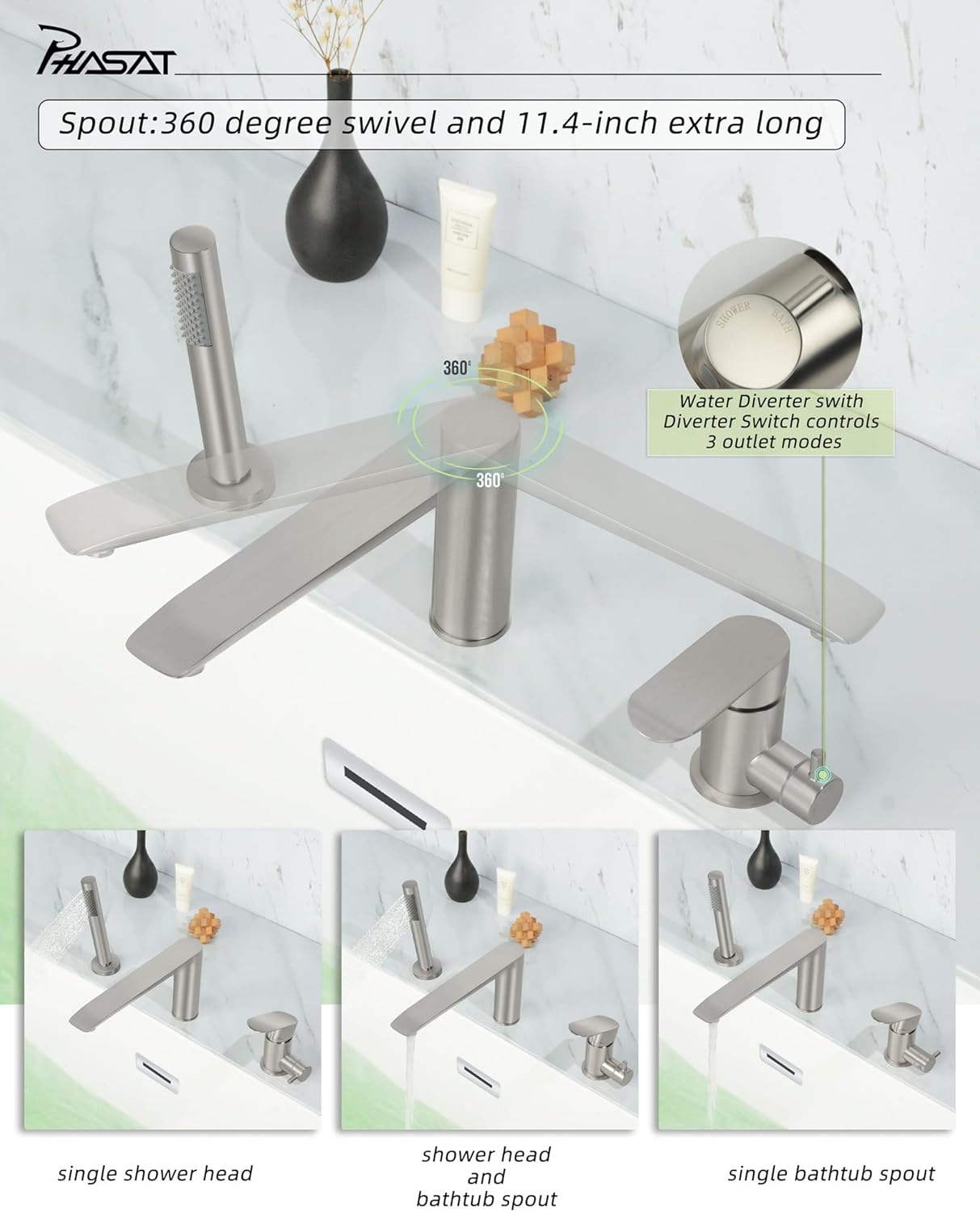 PHASAT Tub Waterfall Faucet with Handheld Shower Brushed Nickel 3-Holes Deck Mount