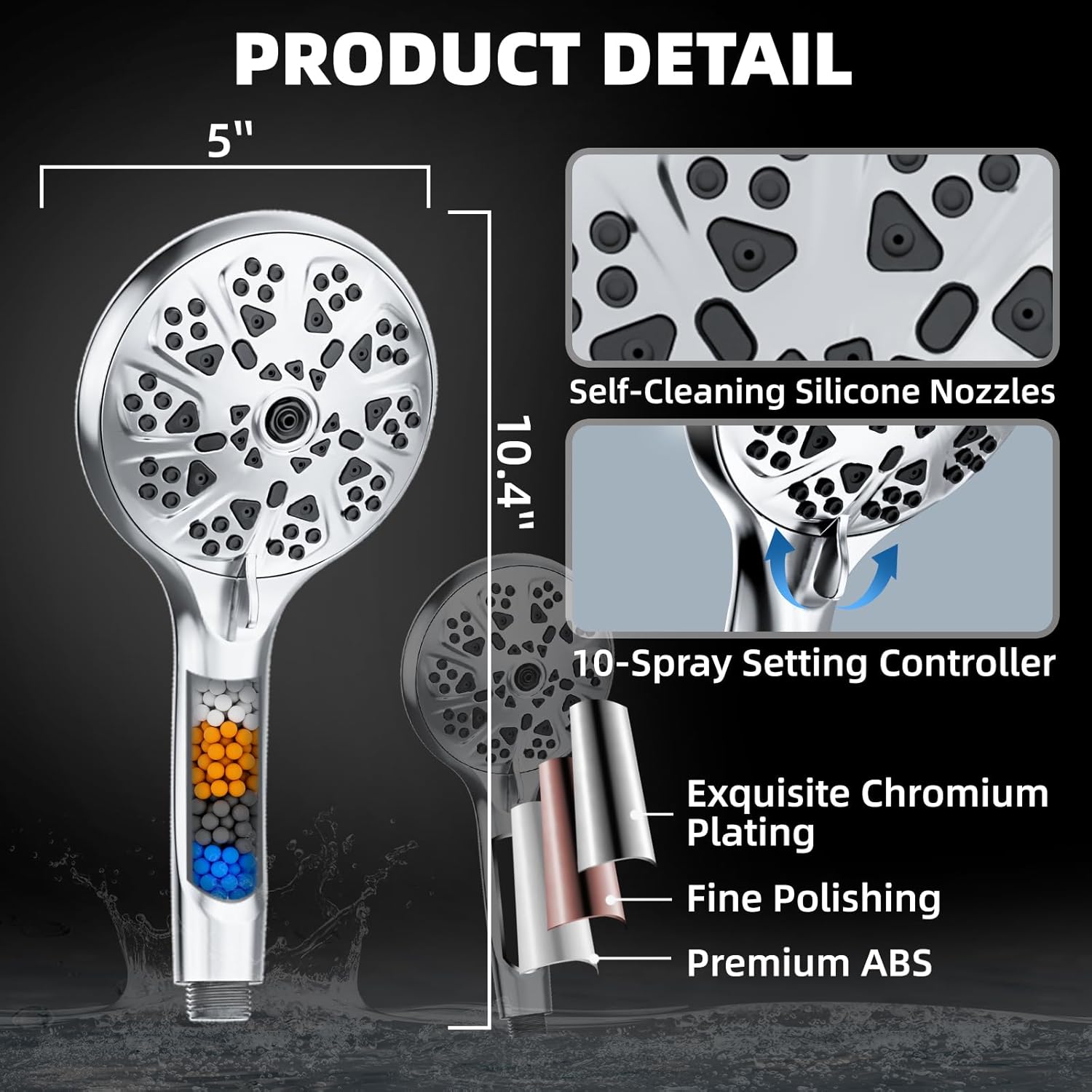 VOXPOA 5 Handheld Shower Head with 10 Spray Settings