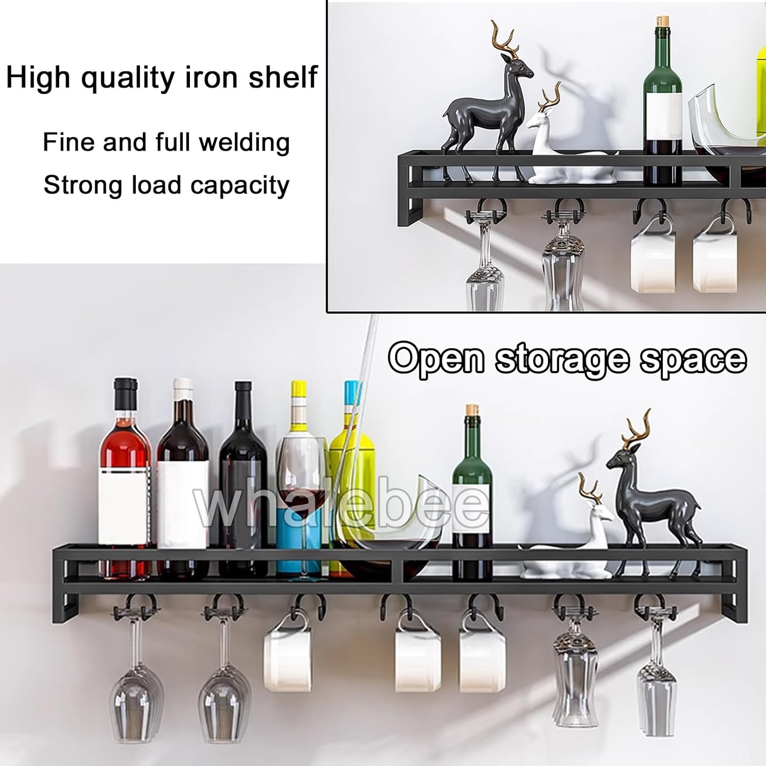 Whalebee Wall-Mounted Wine Glass Rack - 5 Rows Black Gold White