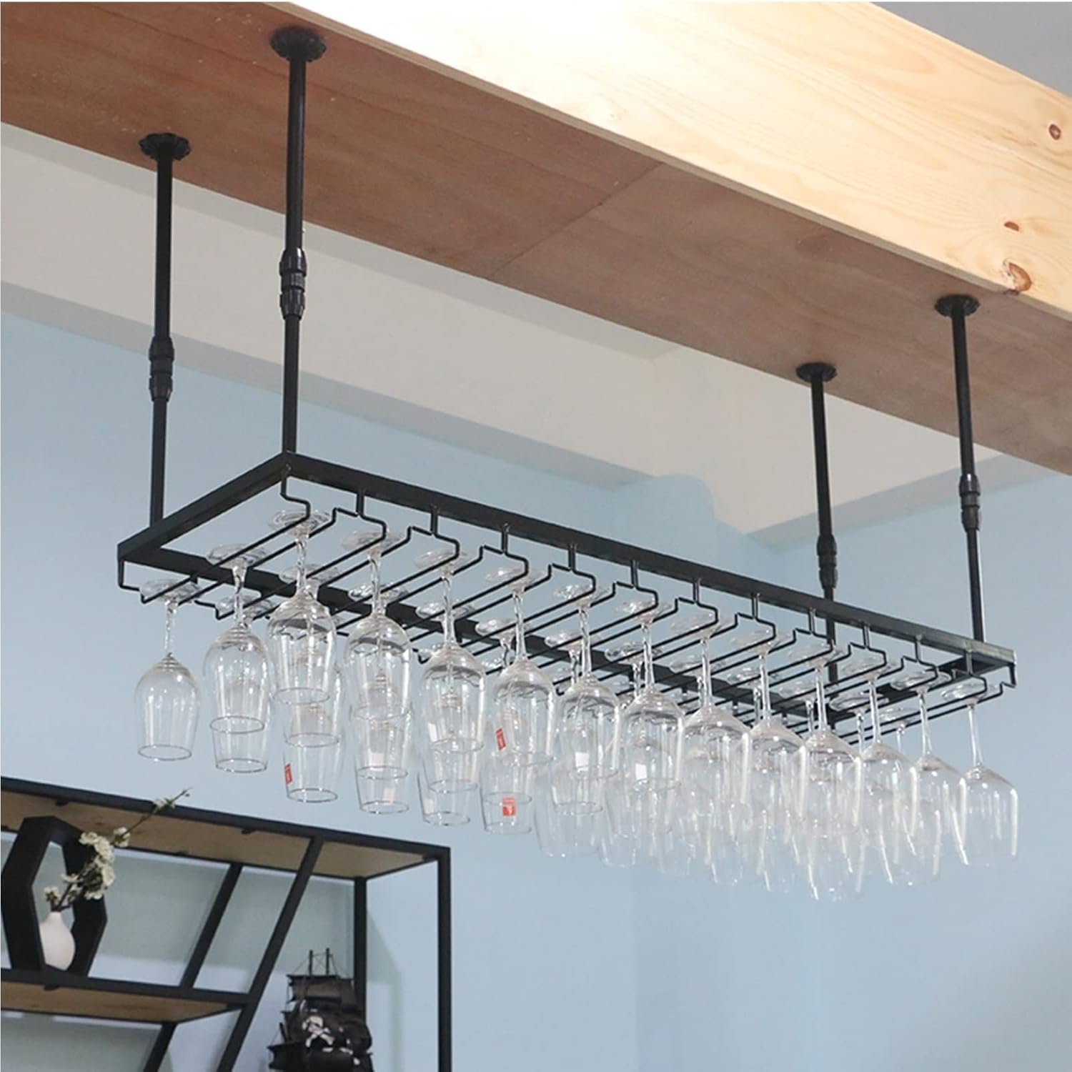 Ceiling Wine Rack with Adjustable Glass Holder Sturdy Metal Design Black 100x35cm