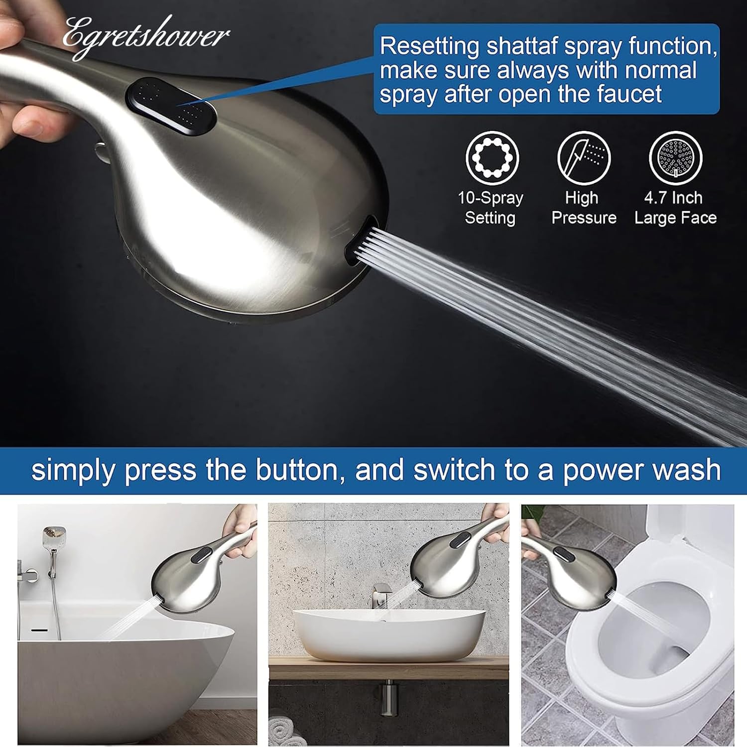 Egretshower High Pressure Handheld Showerhead with 10 Settings