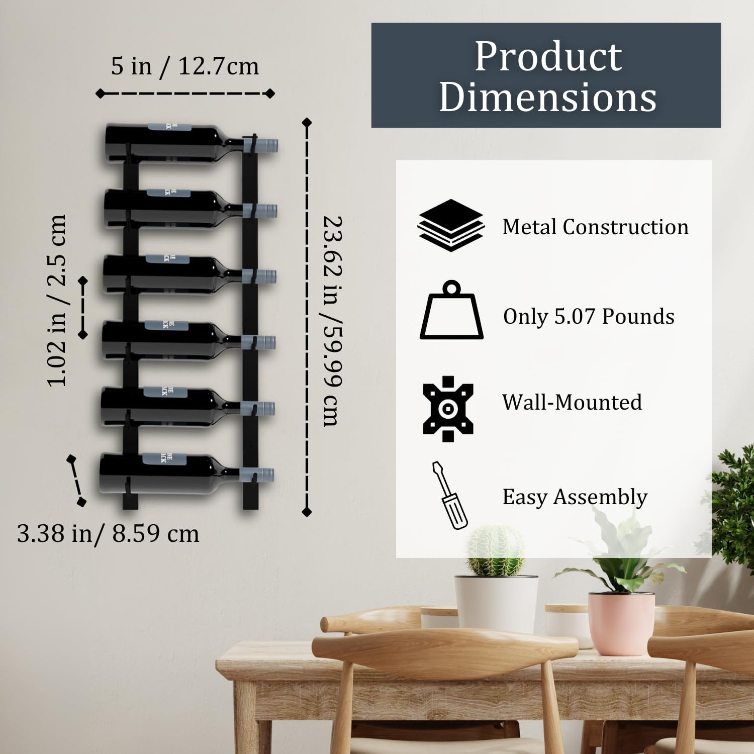6-Bottle Black Metal Wall Mounted Wine Rack - Modern Industrial Style