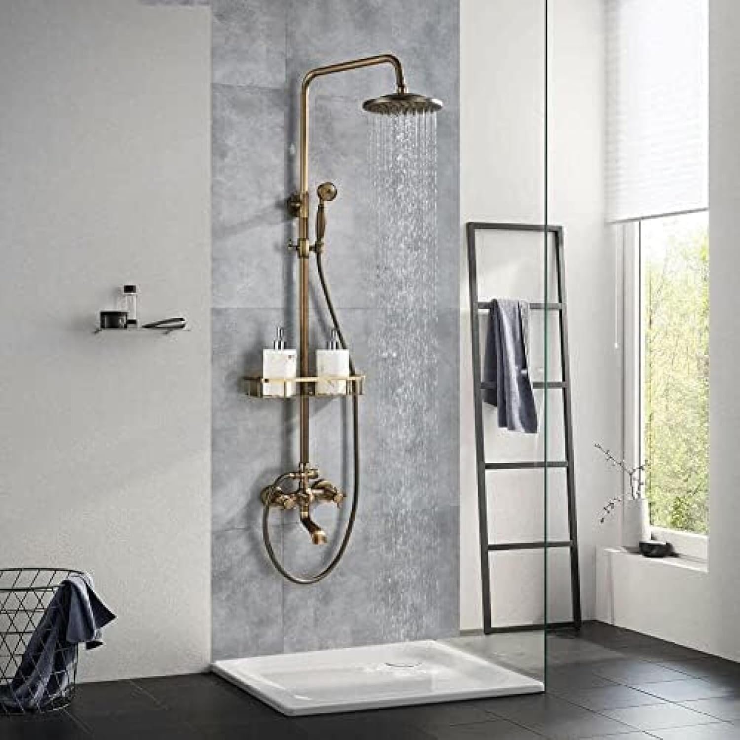 TECKI Rainfall Shower Faucet Set with Antique Brass Handheld Head