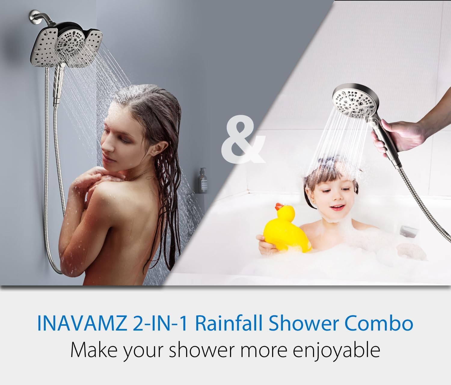 INAVAMZ 25GPM Nickel Shower Head with Handheld 10 Spray Settings