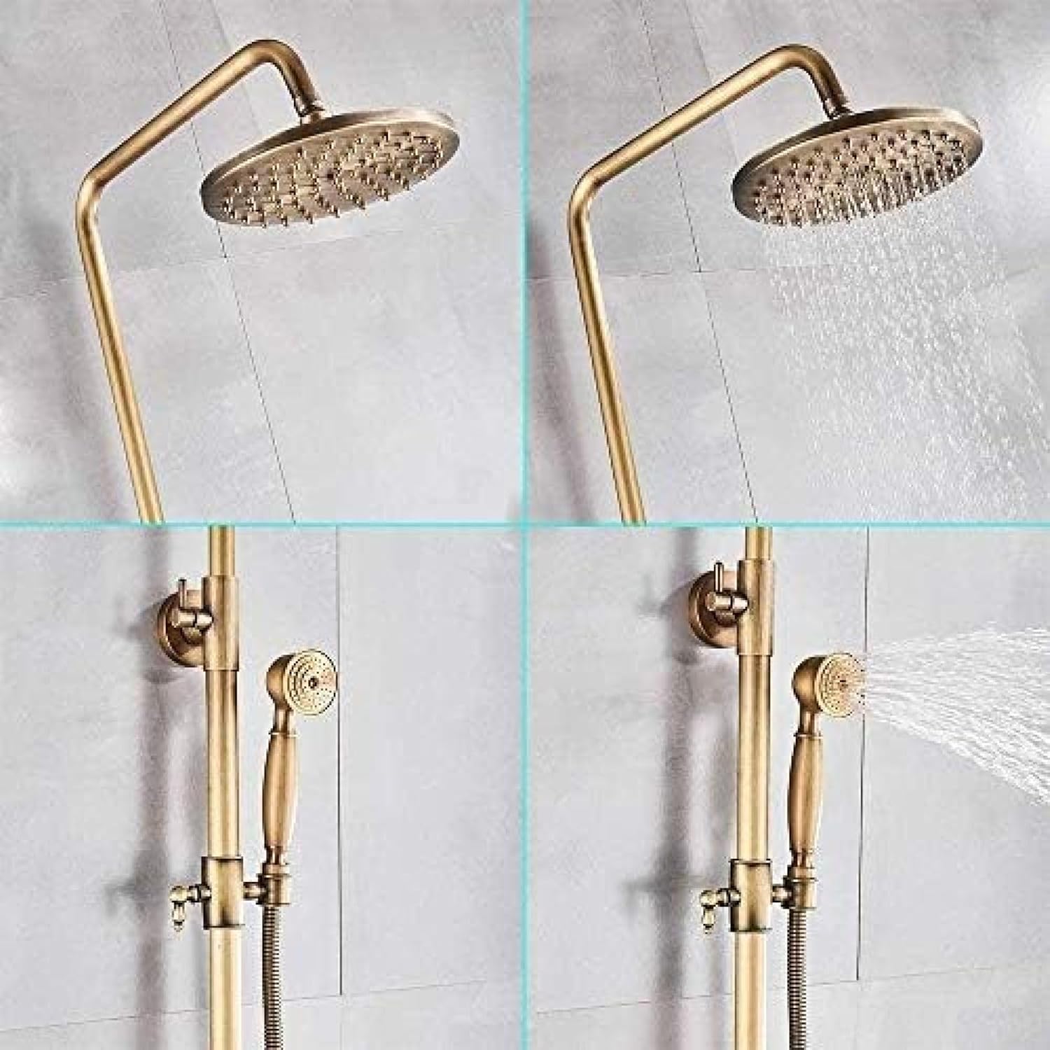 TECKI Antique Brass Shower Faucet Set with Rainfall Head and Handheld Shower