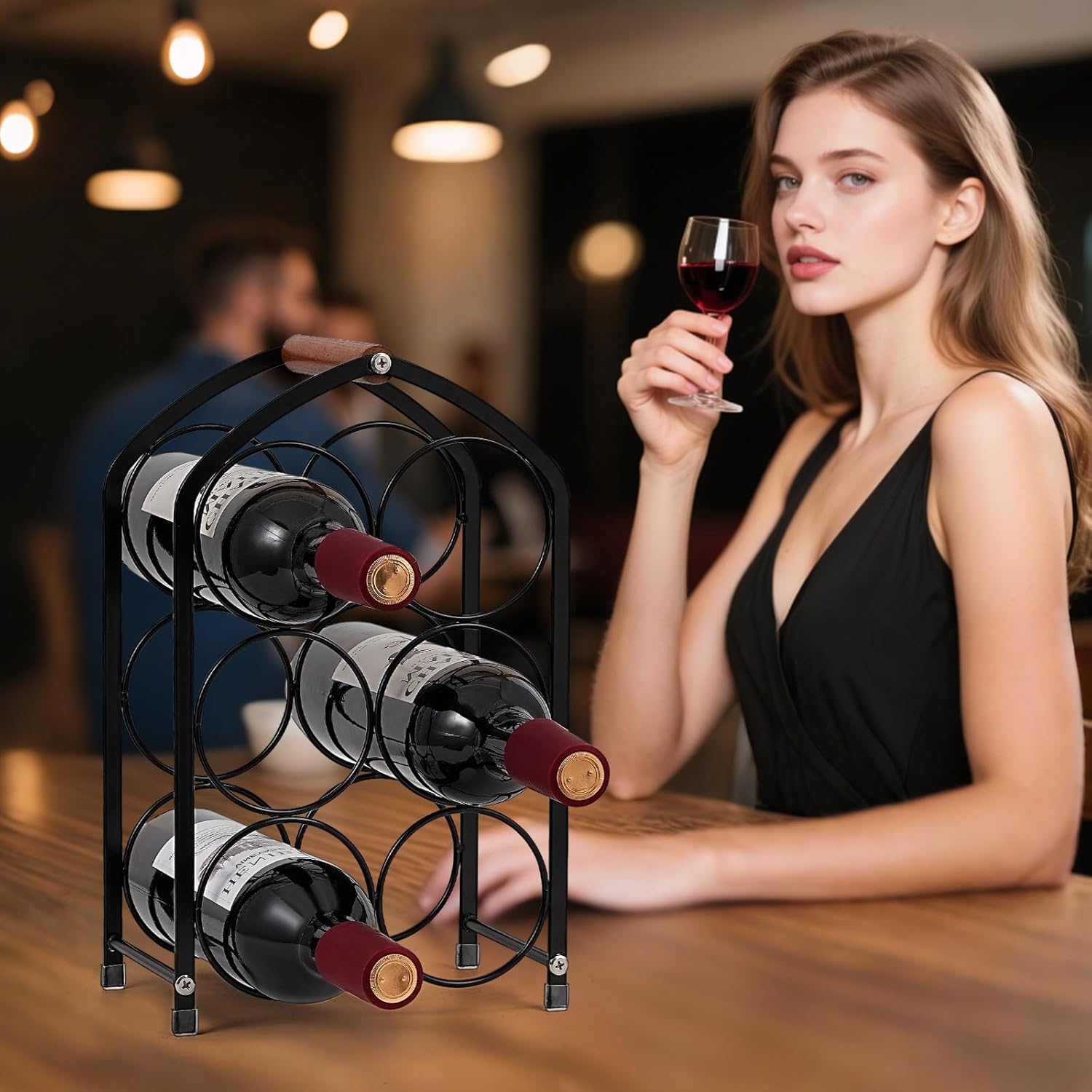 Tocemei 6-Bottle Tabletop Wine Rack with Wood Handle Arched Design Black