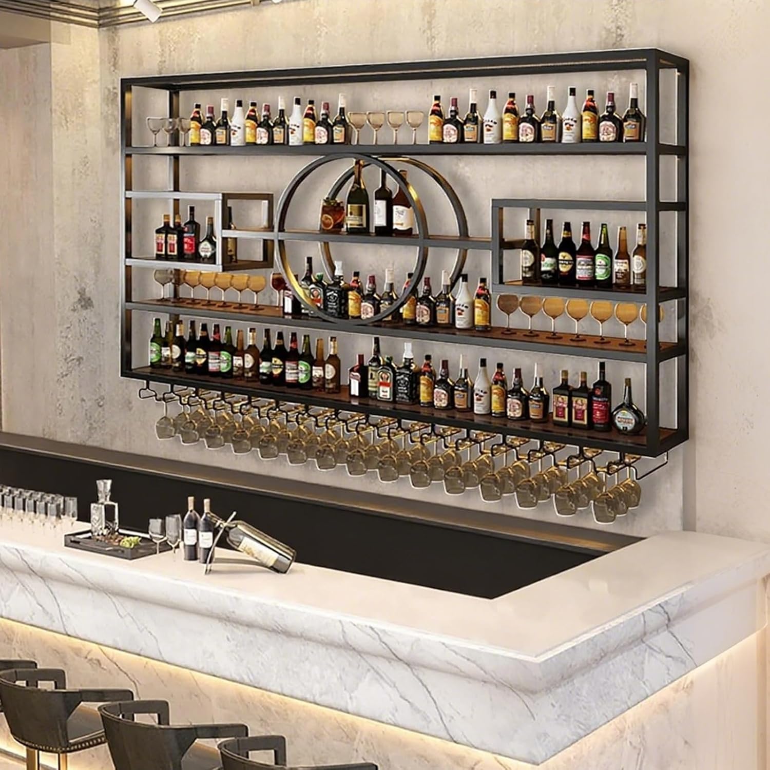 63in Wall Mounted Wine Rack Iron Display Stand for Bar Living Room