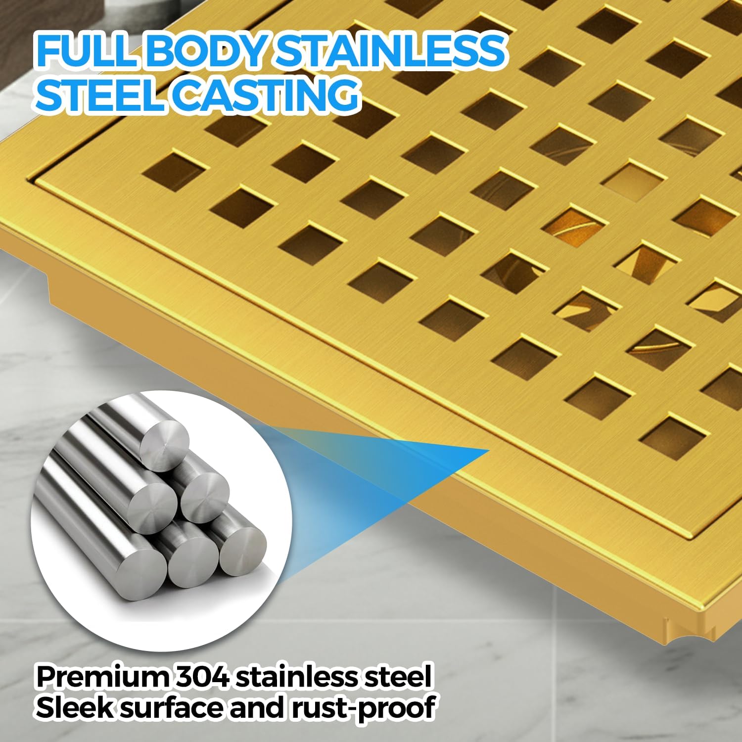 Zaa 6 Inch Square Shower Drain Kit with Gold Hair Strainer