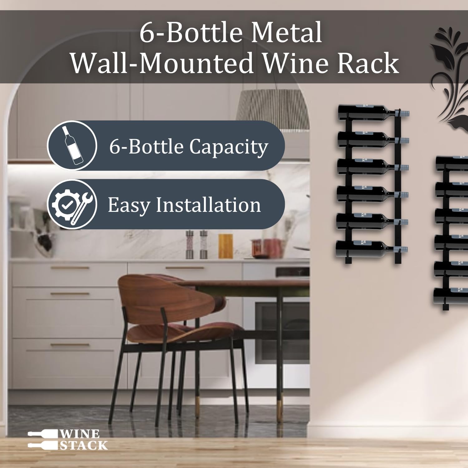 6-Bottle Black Metal Wall Mounted Wine Rack - Modern Industrial Style