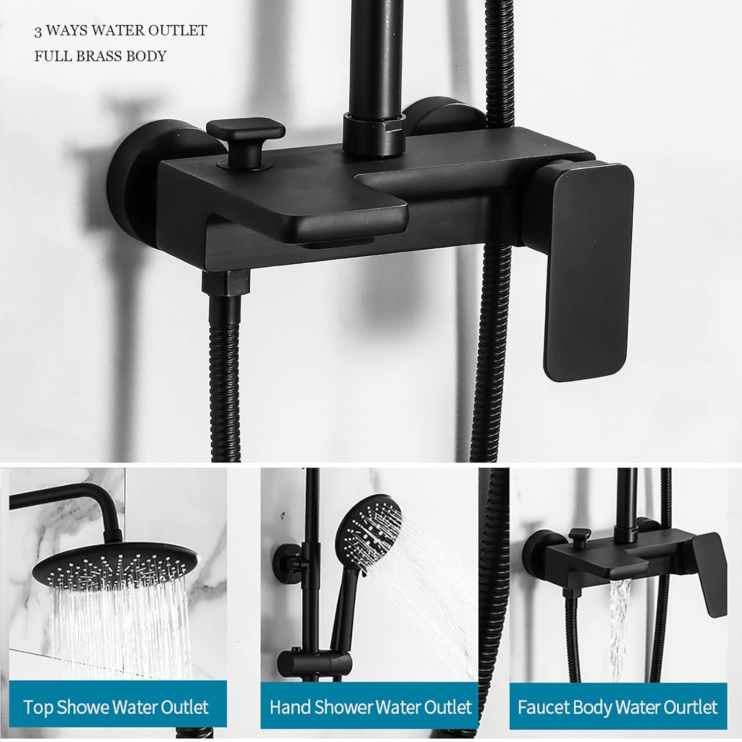 Black Rainfall Shower System Set with Adjustable Handheld and Wall Mounted Faucet