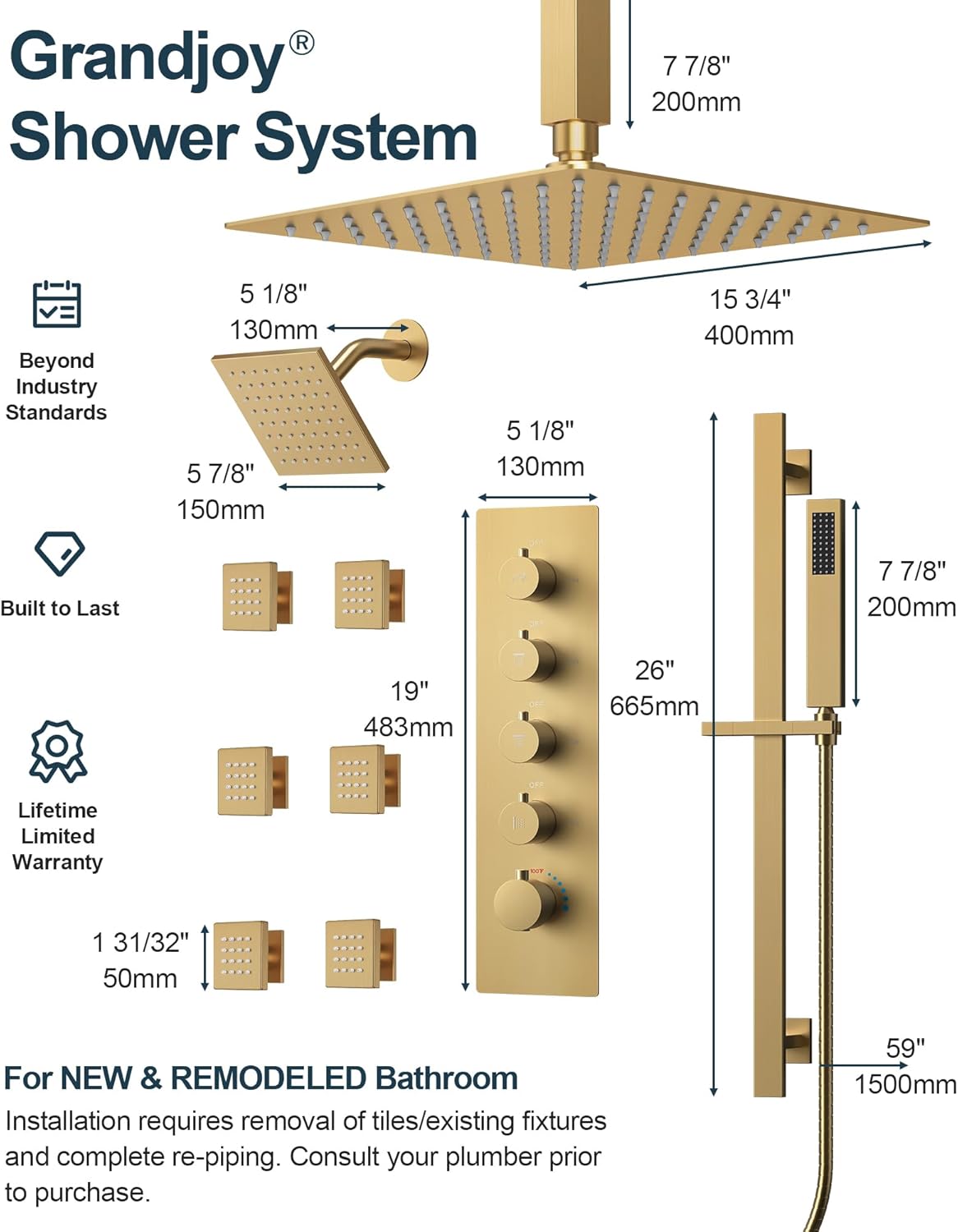 GRANDJOY Thermostatic Shower System with Rainfall Heads and Handheld