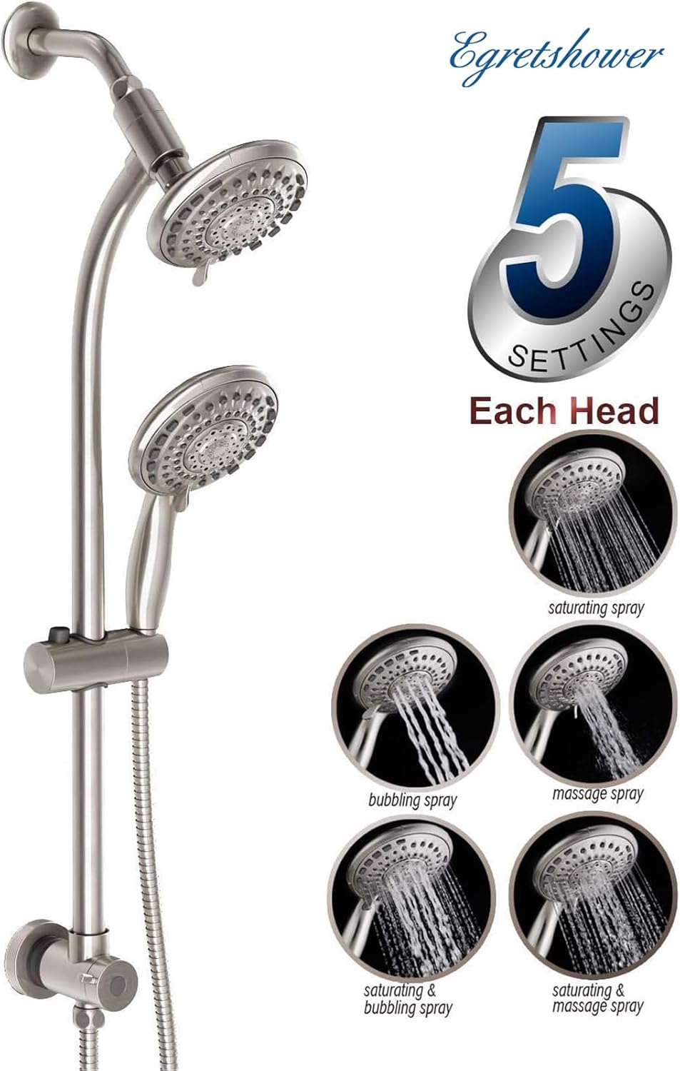 Egretshower Handheld Rain Shower Combo with 275 Slide Bar