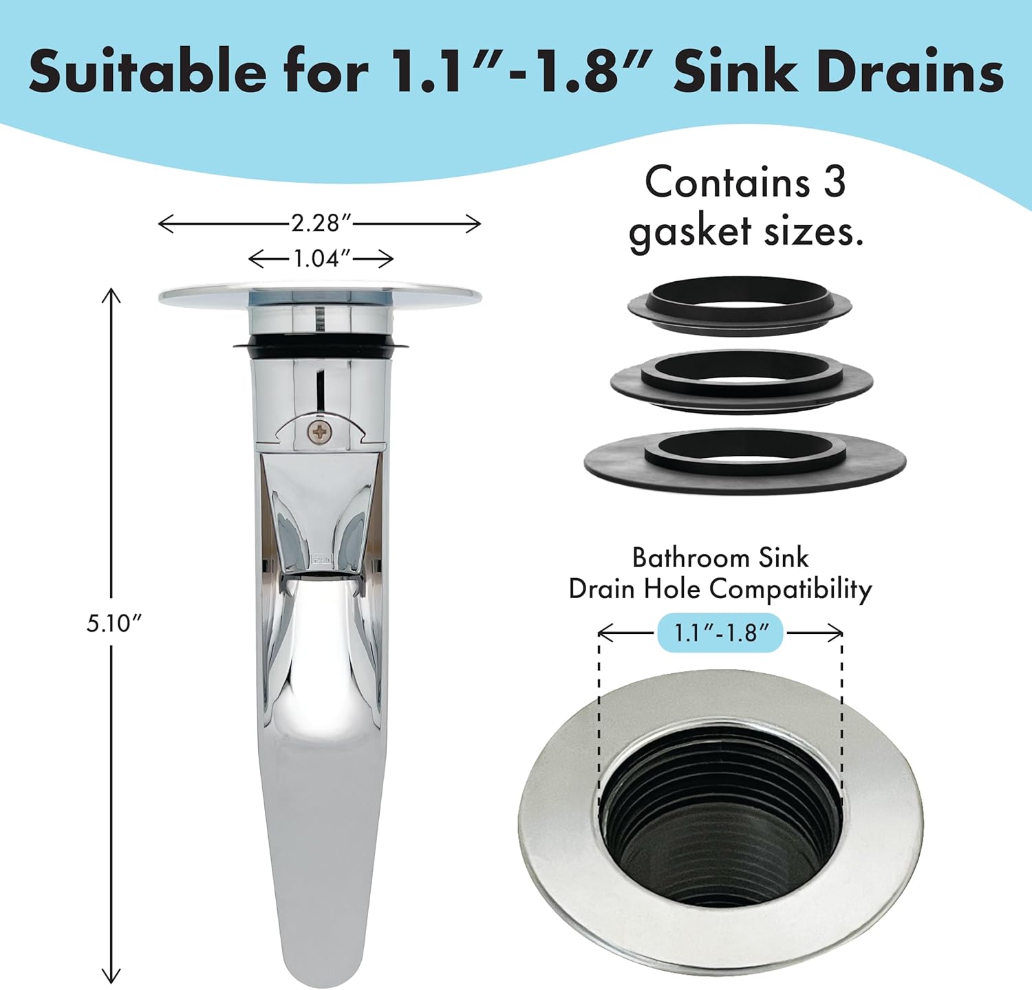 DrainFunnel Chrome Sink Strainer for Hair Clog Prevention 11-18 Inch