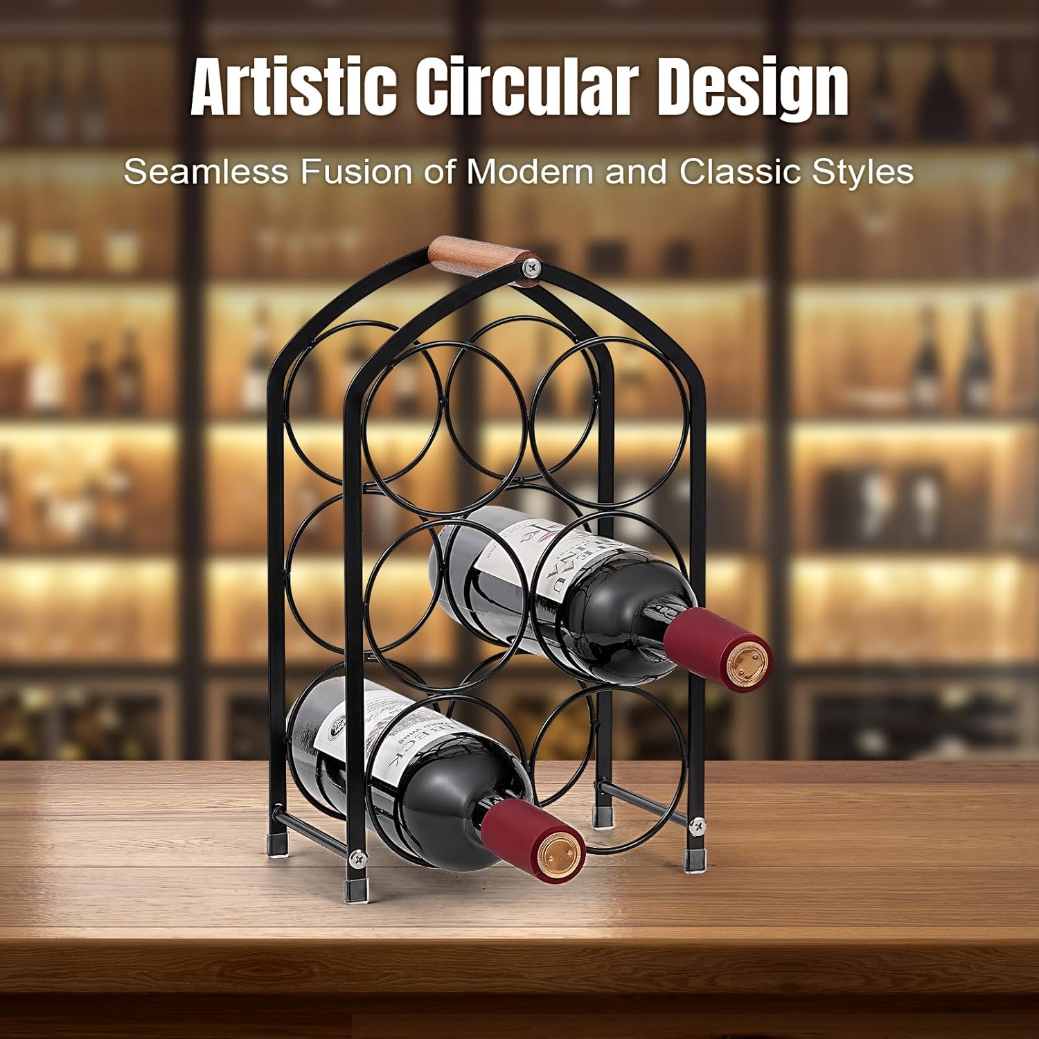 Tocemei 6-Bottle Tabletop Wine Rack with Wood Handle Arched Design Black