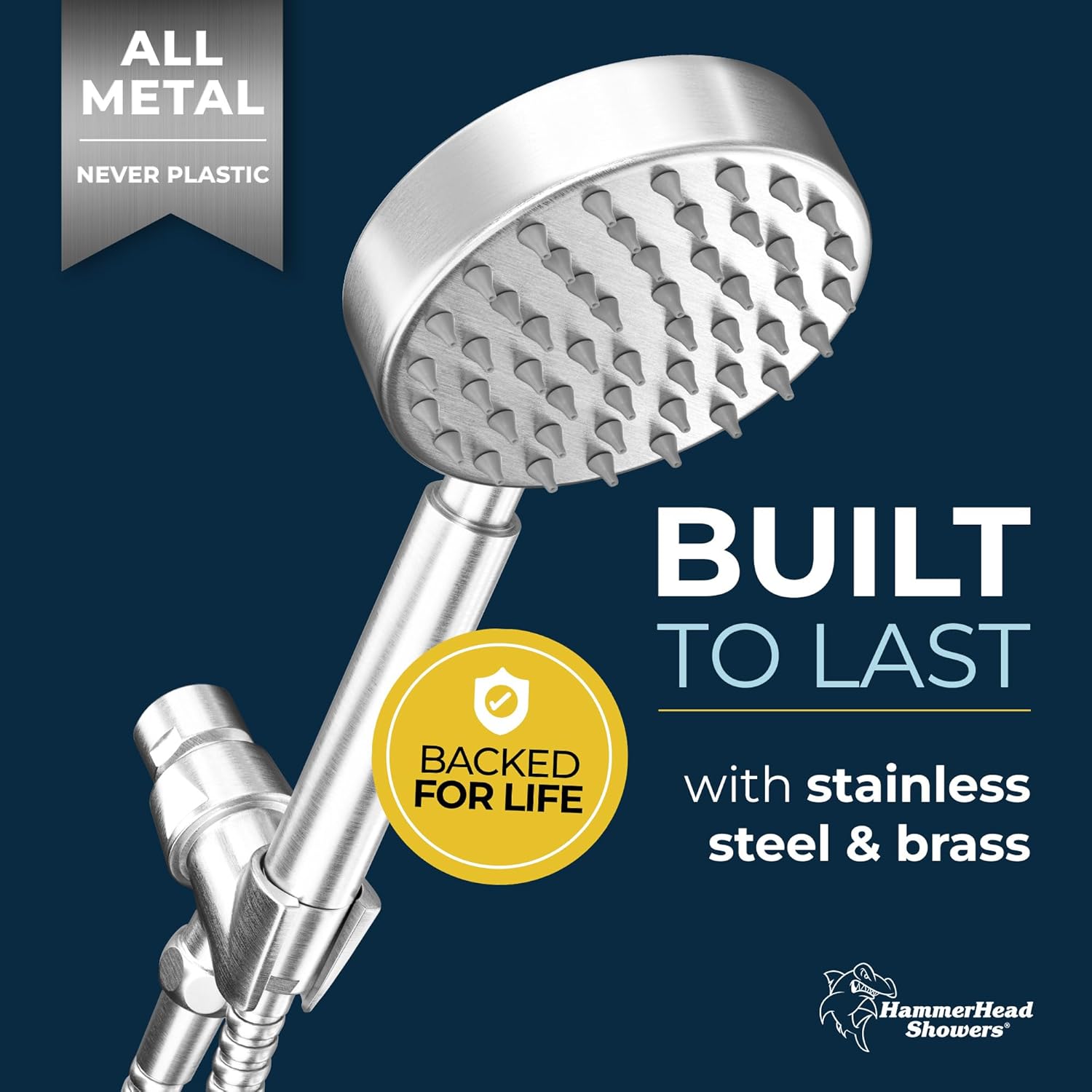 HammerHead Showers All Metal Handheld Shower Head with Hose and Brass Holder