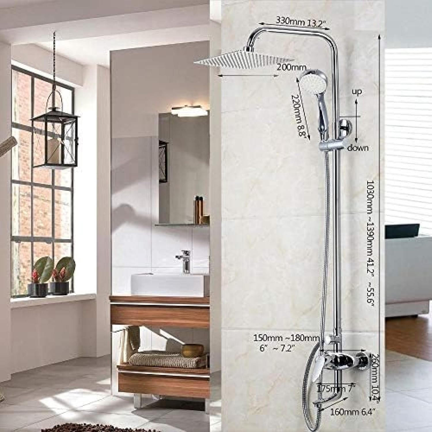 TECKI Square Chrome LED Rain Shower Trim System 8 Inch
