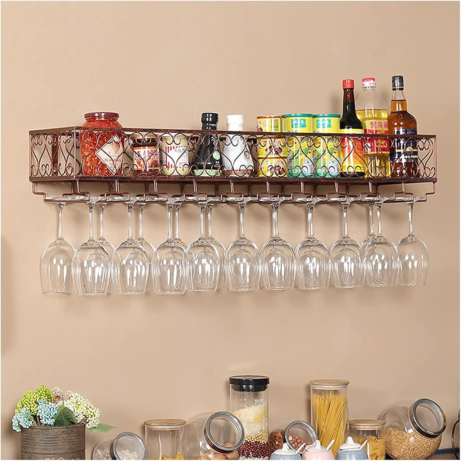 ALDEPO Wall Mounted Wine Rack with Glass Holder - Bronze 60x25x16cm