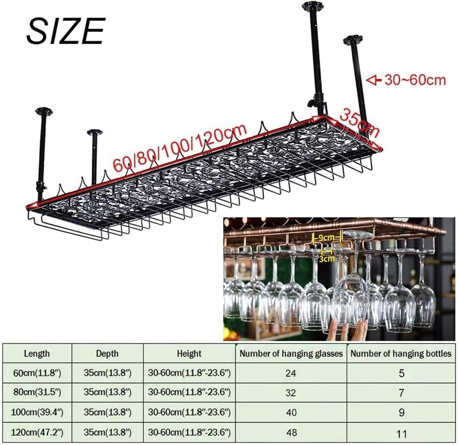 ALDEPO Adjustable Height Wall Wine Rack - Black 60x35cm