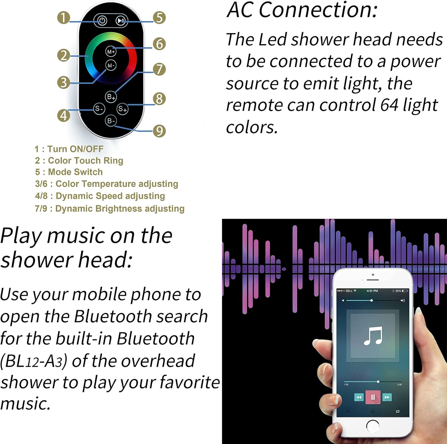 Bluetooth Music Shower Faucet Set with LED Light and 40 Thermostatic Control
