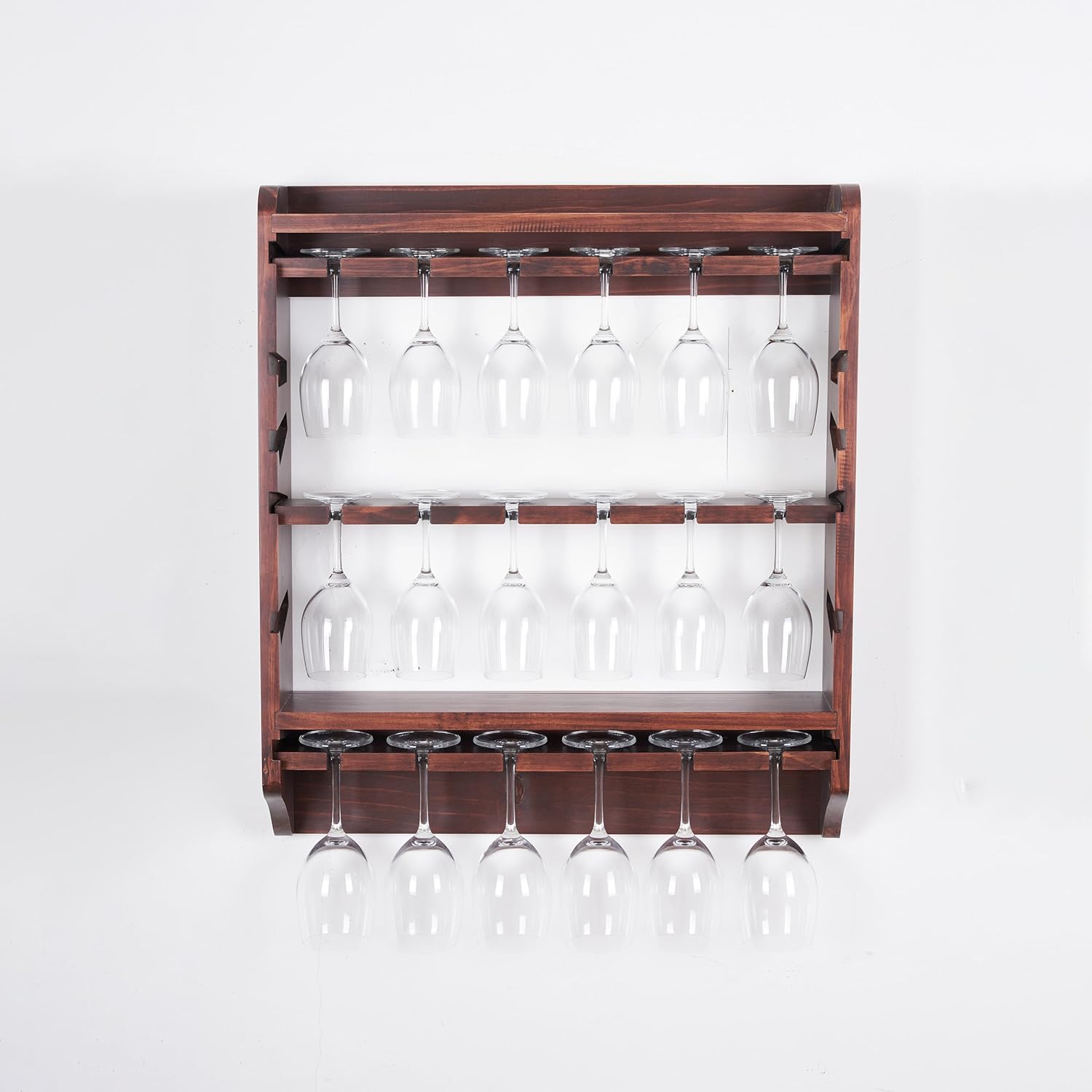 18-Bottle Wall Wine Rack with Glass Holder and Solid Wood Design