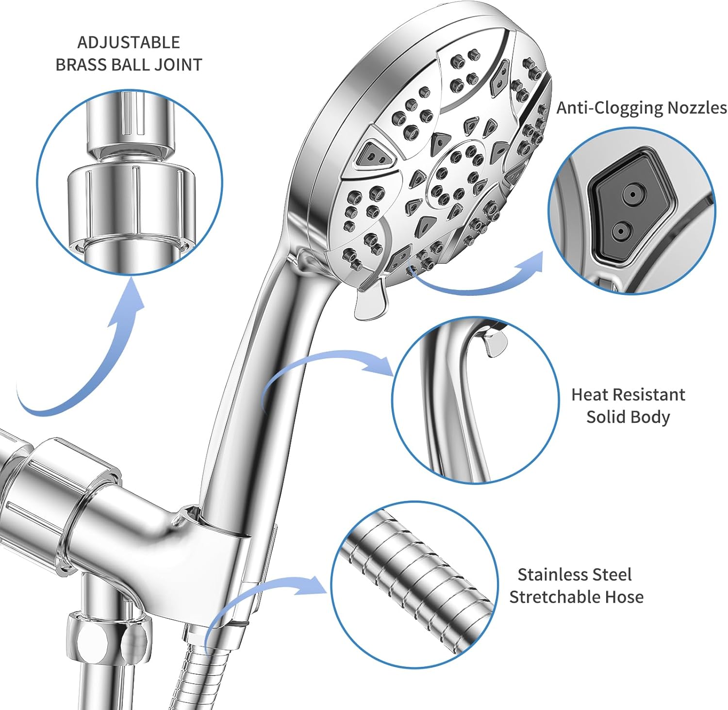 VKZK High Pressure 8 Mode Handheld Shower Head with Stainless Steel Hose