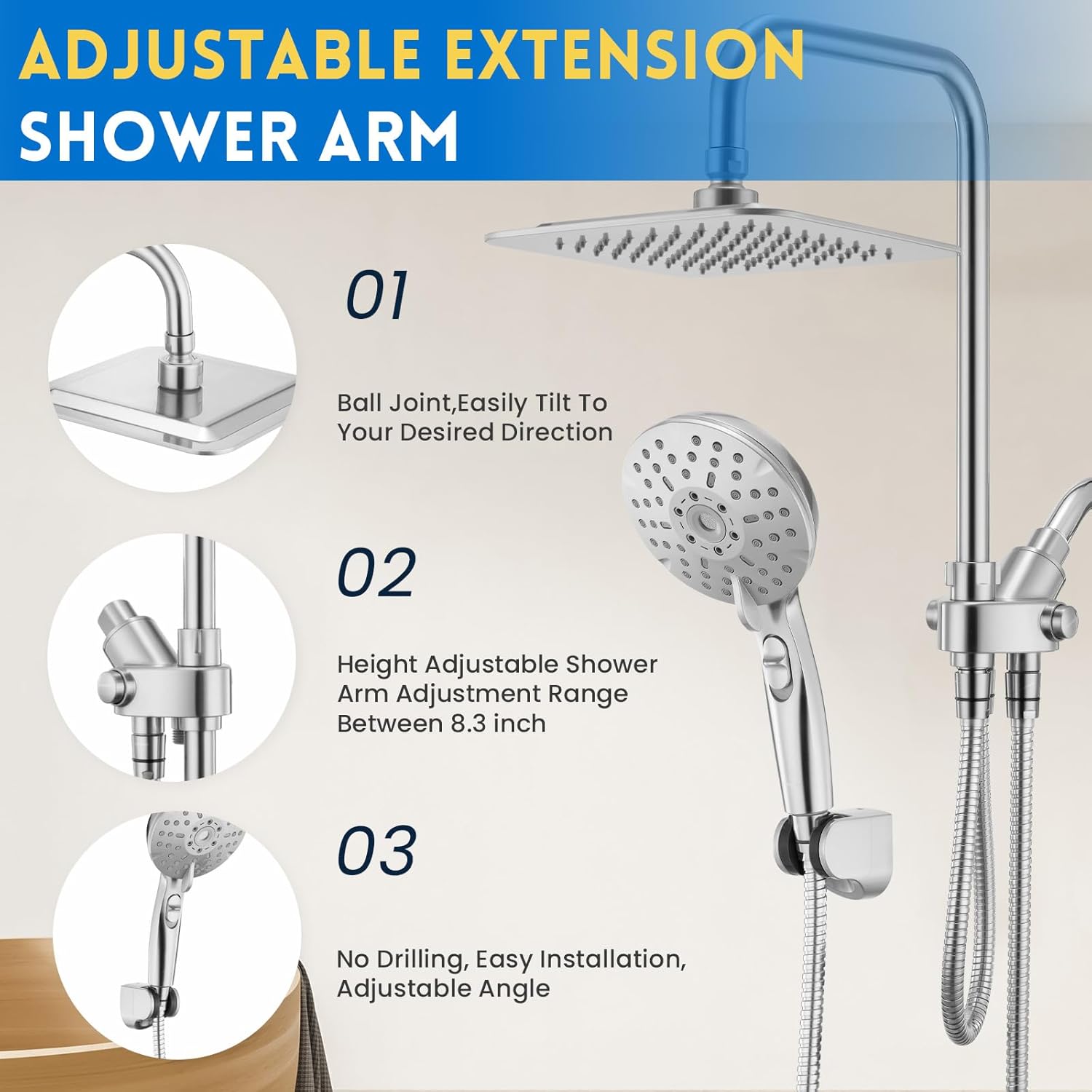 Ryamen Dual Shower Head Combo with 15 Slide Bar 6 Settings Handheld