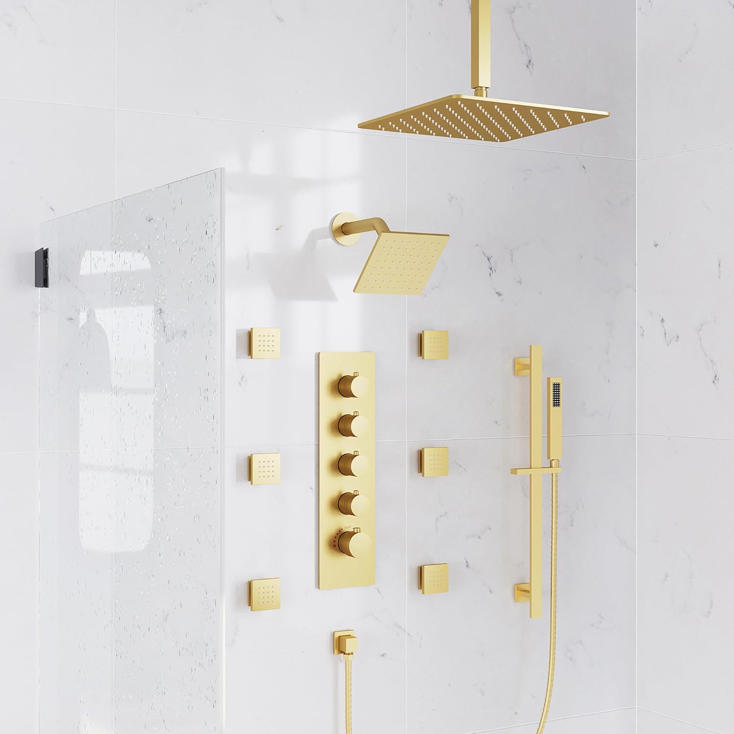 GRANDJOY Thermostatic Shower System with Rainfall Heads and Handheld