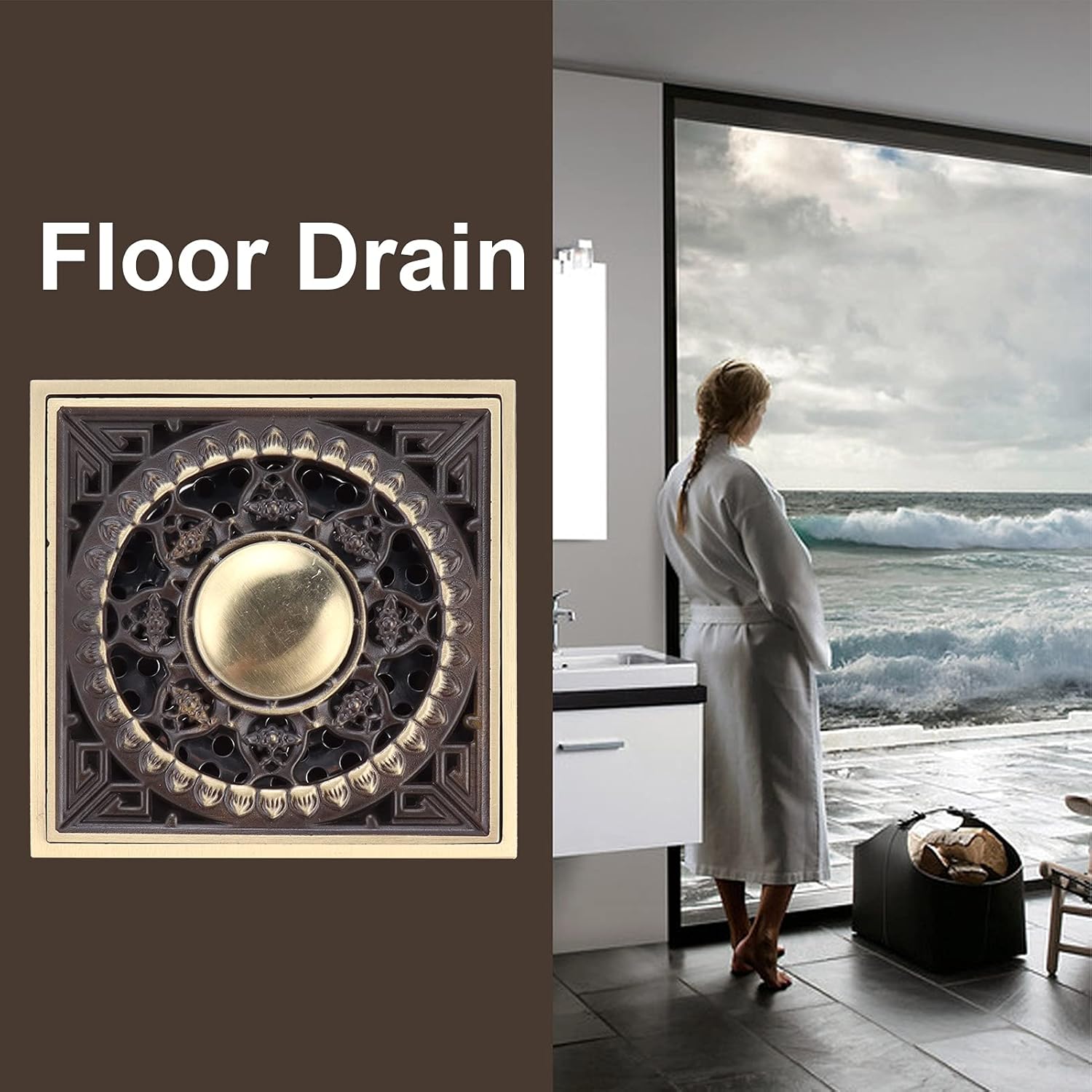 OUKENS 39x39in Square Art Carved Copper Brass Floor Drain Kit