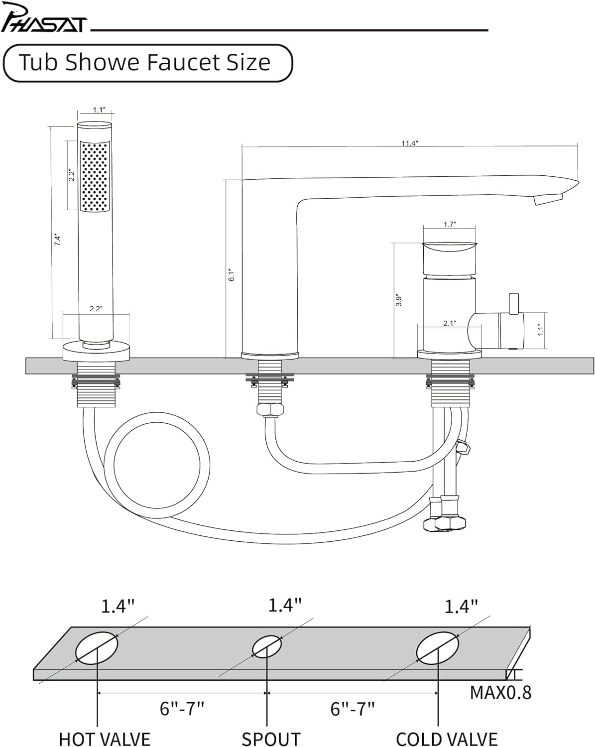 PHASAT Tub Waterfall Faucet with Handheld Shower Brushed Nickel 3-Holes Deck Mount