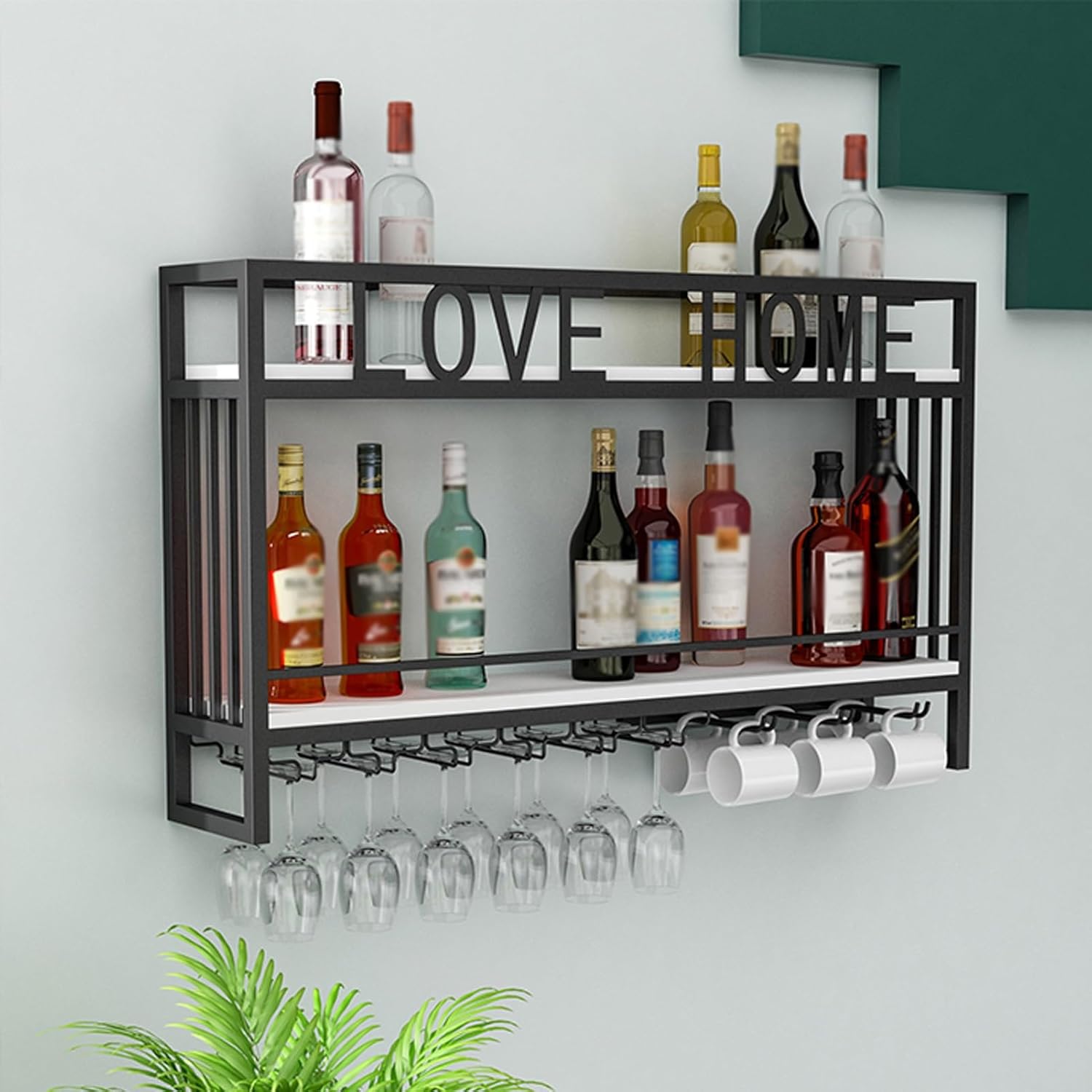 Wall Mounted Wine Rack Black 100cm Metal Holder with Glass Storage Shelves
