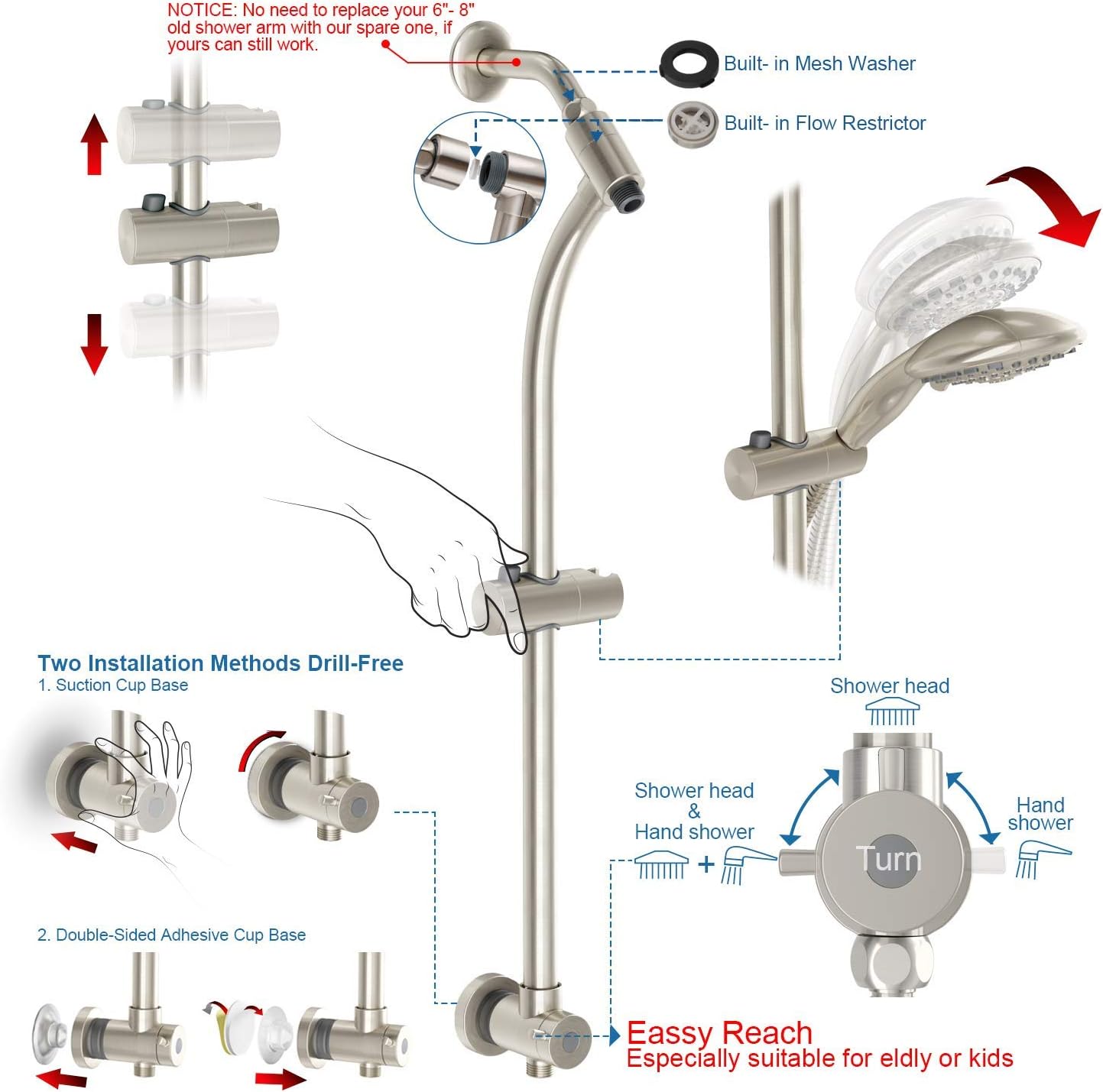 Egretshower Handheld Rain Shower Combo with 275 Slide Bar