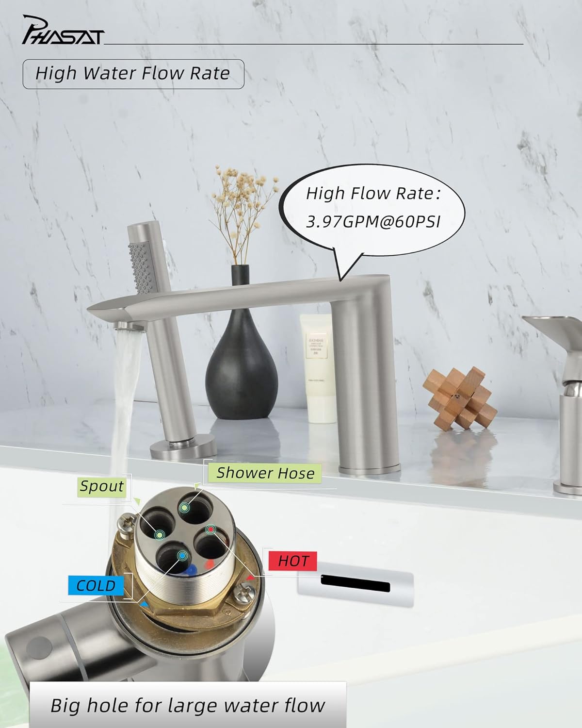 PHASAT Tub Waterfall Faucet with Handheld Shower Brushed Nickel 3-Holes Deck Mount