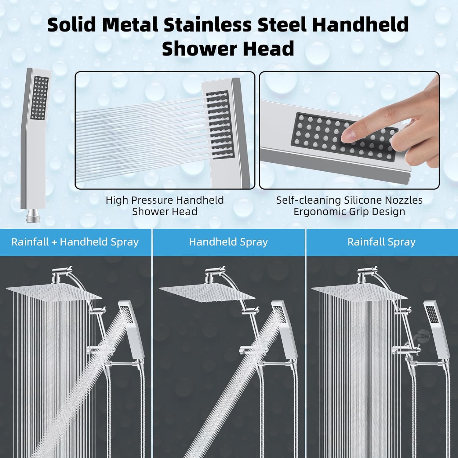 Hibbent All Metal 10x9 Rainfall Handheld Shower Combo