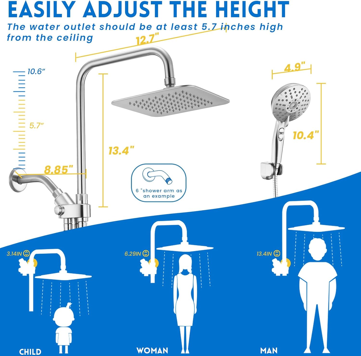 Ryamen Dual Shower Head Combo with 15 Slide Bar 6 Settings Handheld