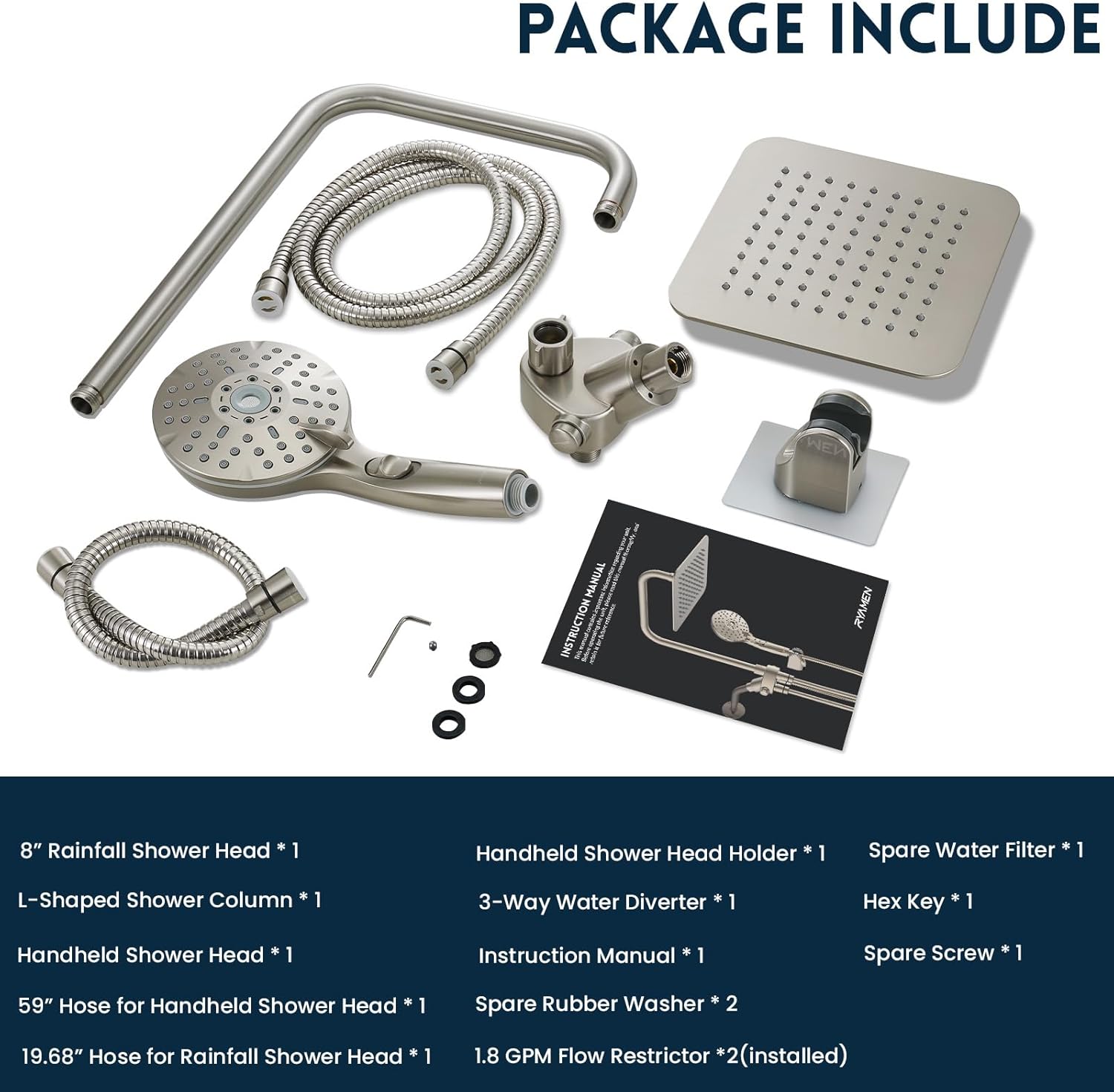Ryamen Dual Shower Head Combo with 6 Settings and Adjustable Slide Bar 1