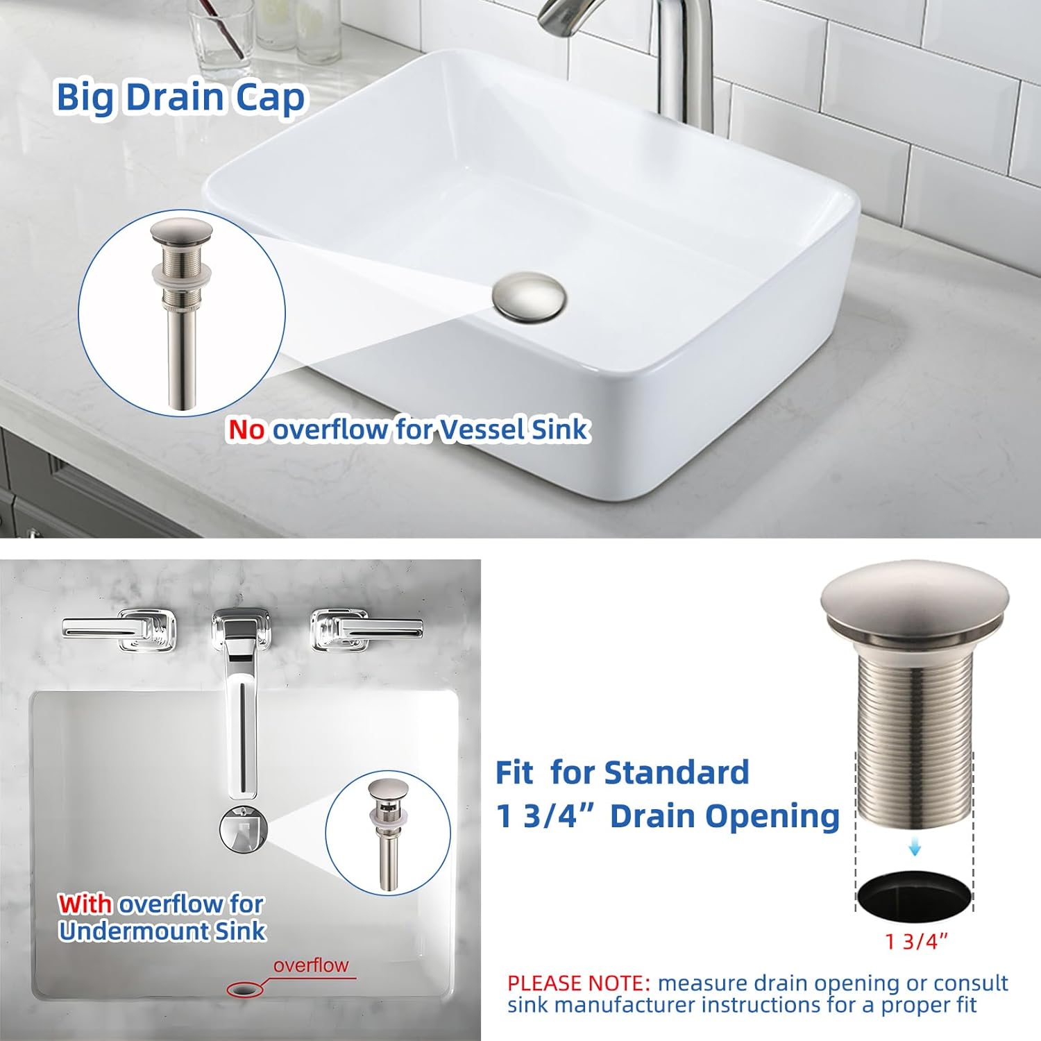 Yodel Vessel Sink Drain Stopper - Brushed Nickel No Overflow 1 34 Fit