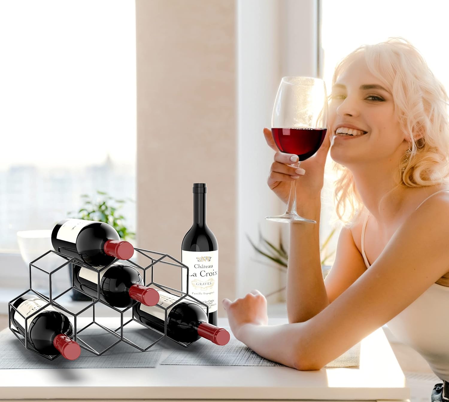 Handisen 9 Bottle Freestanding Wine Rack Black Metal Honeycomb Storage Stand