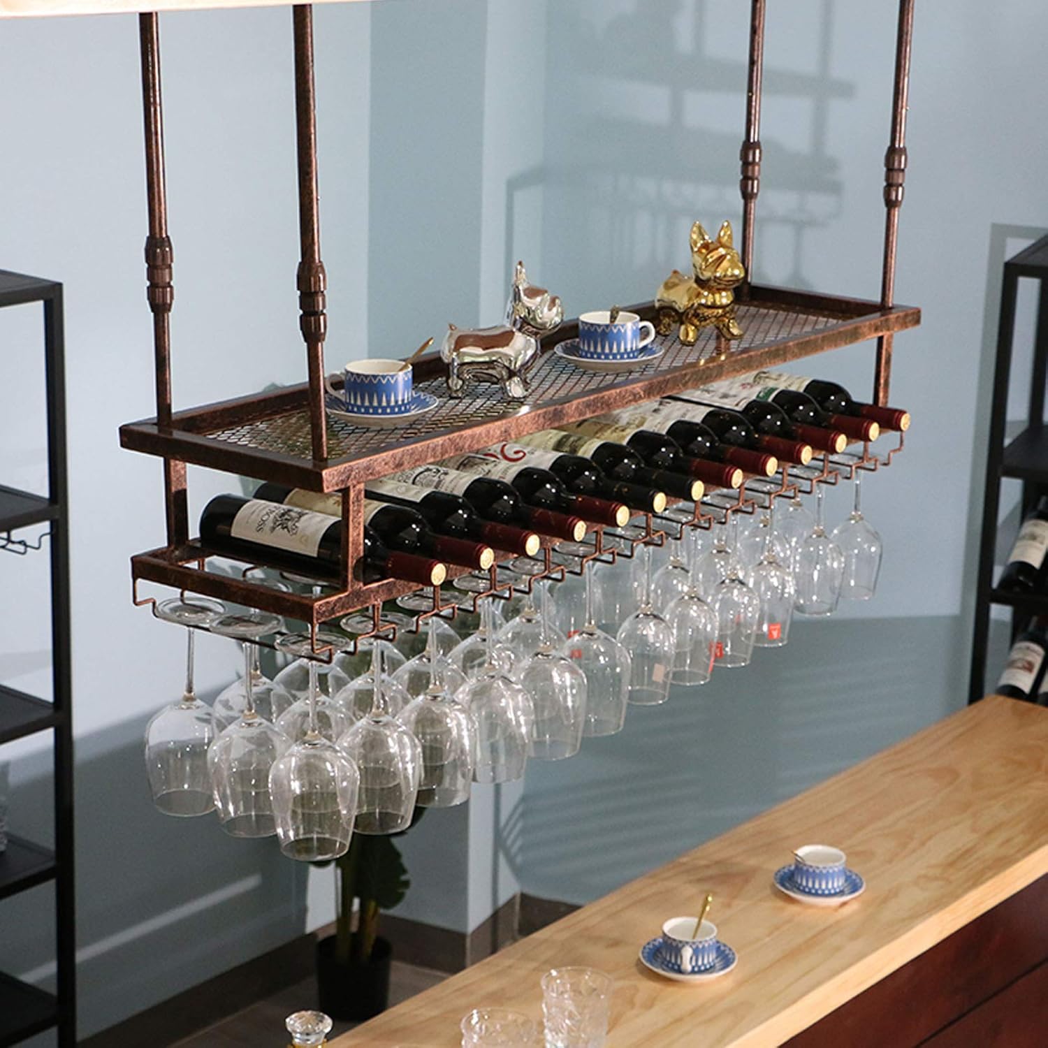 Industrial Hanging Wine Rack with 2-Layer Metal Frame