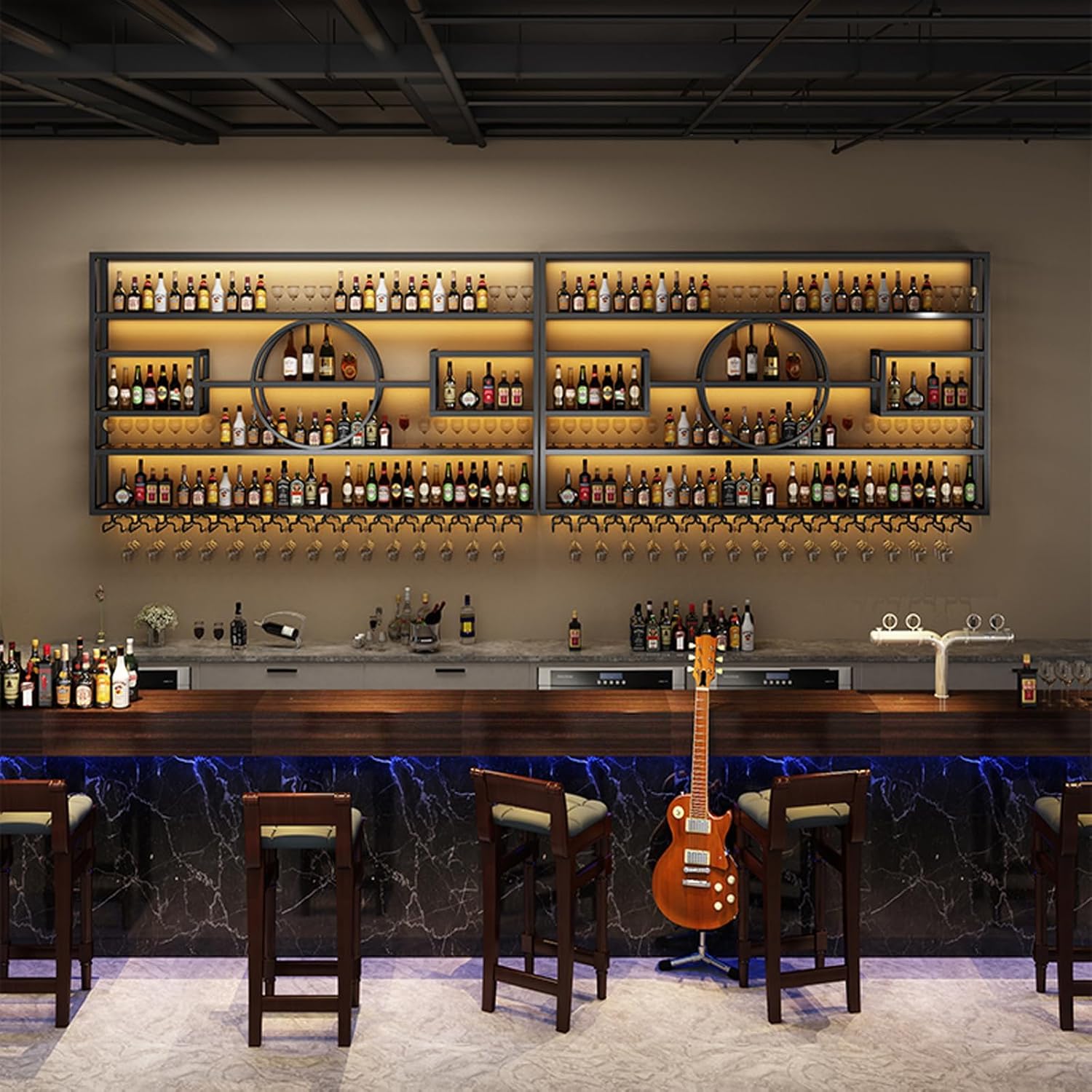 63in Wall Mounted Wine Rack Iron Display Stand for Bar Living Room