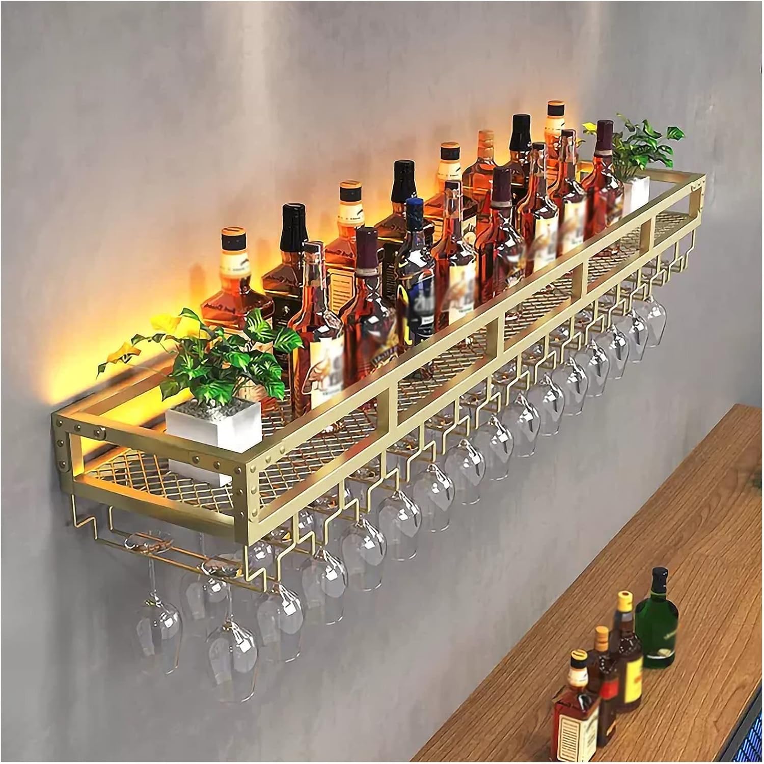 ZJDYDY Gold Wall Mounted Wine Rack with Glass Holder