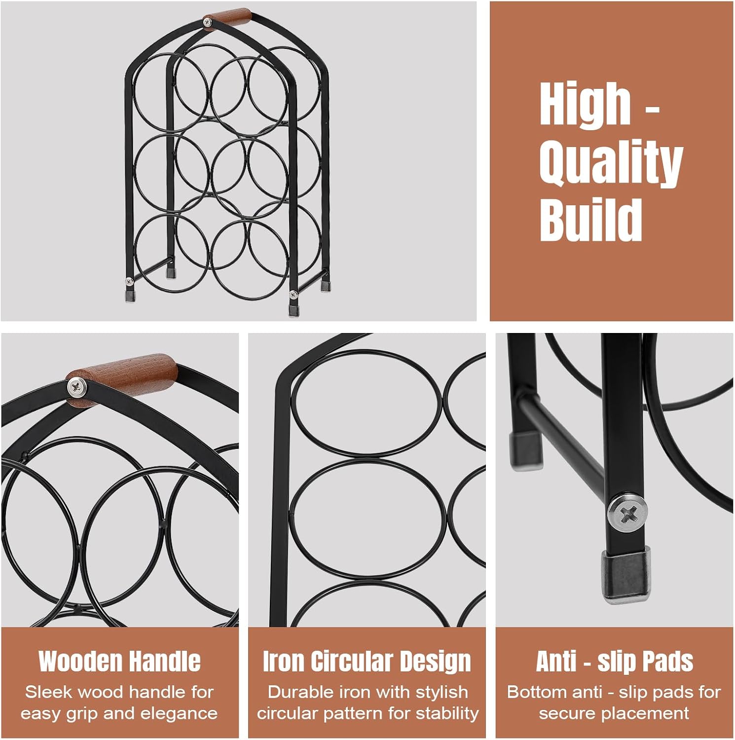 Tocemei 6-Bottle Tabletop Wine Rack with Wood Handle Arched Design Black