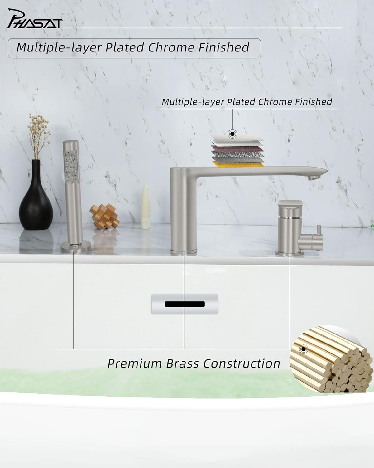 PHASAT Tub Waterfall Faucet with Handheld Shower Brushed Nickel 3-Holes Deck Mount