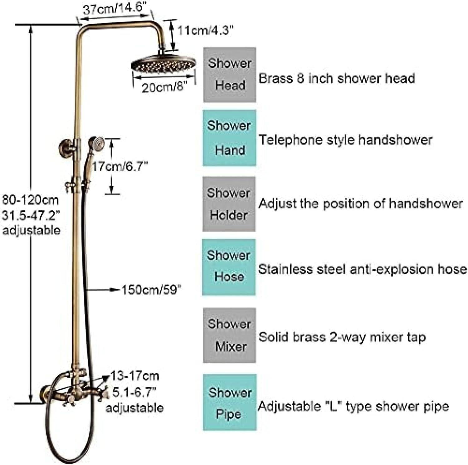 TECKI Antique Brass Shower Faucet Set with Rainfall Head and Handheld Shower