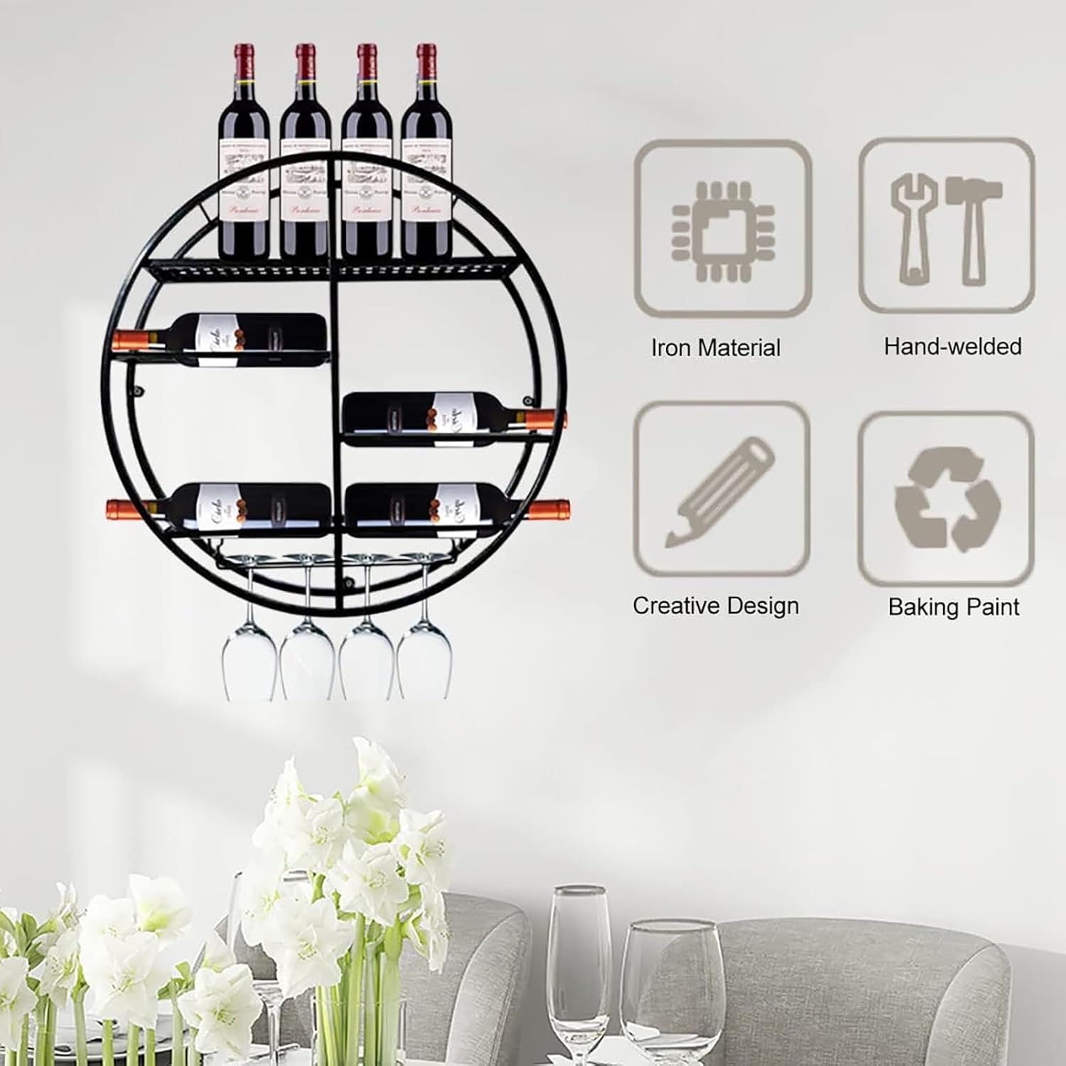MEyeLo Round Wall Mounted Wine Rack Black and Gold Metal Design
