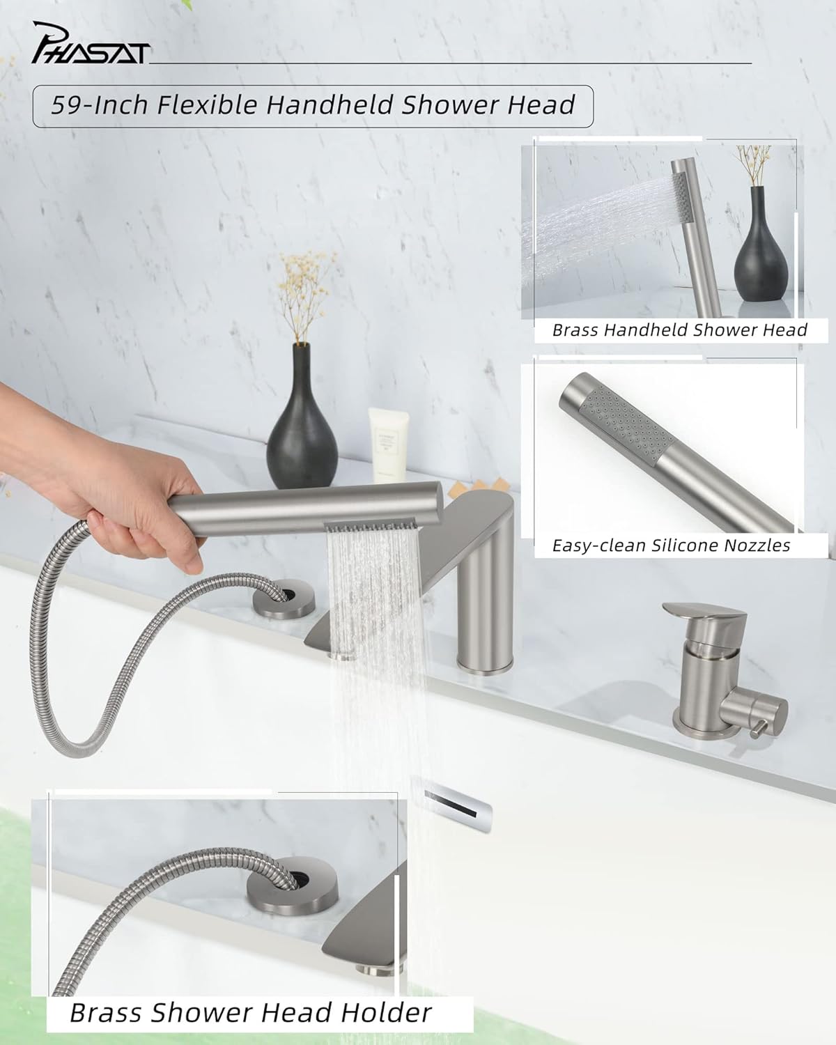 PHASAT Tub Waterfall Faucet with Handheld Shower Brushed Nickel 3-Holes Deck Mount